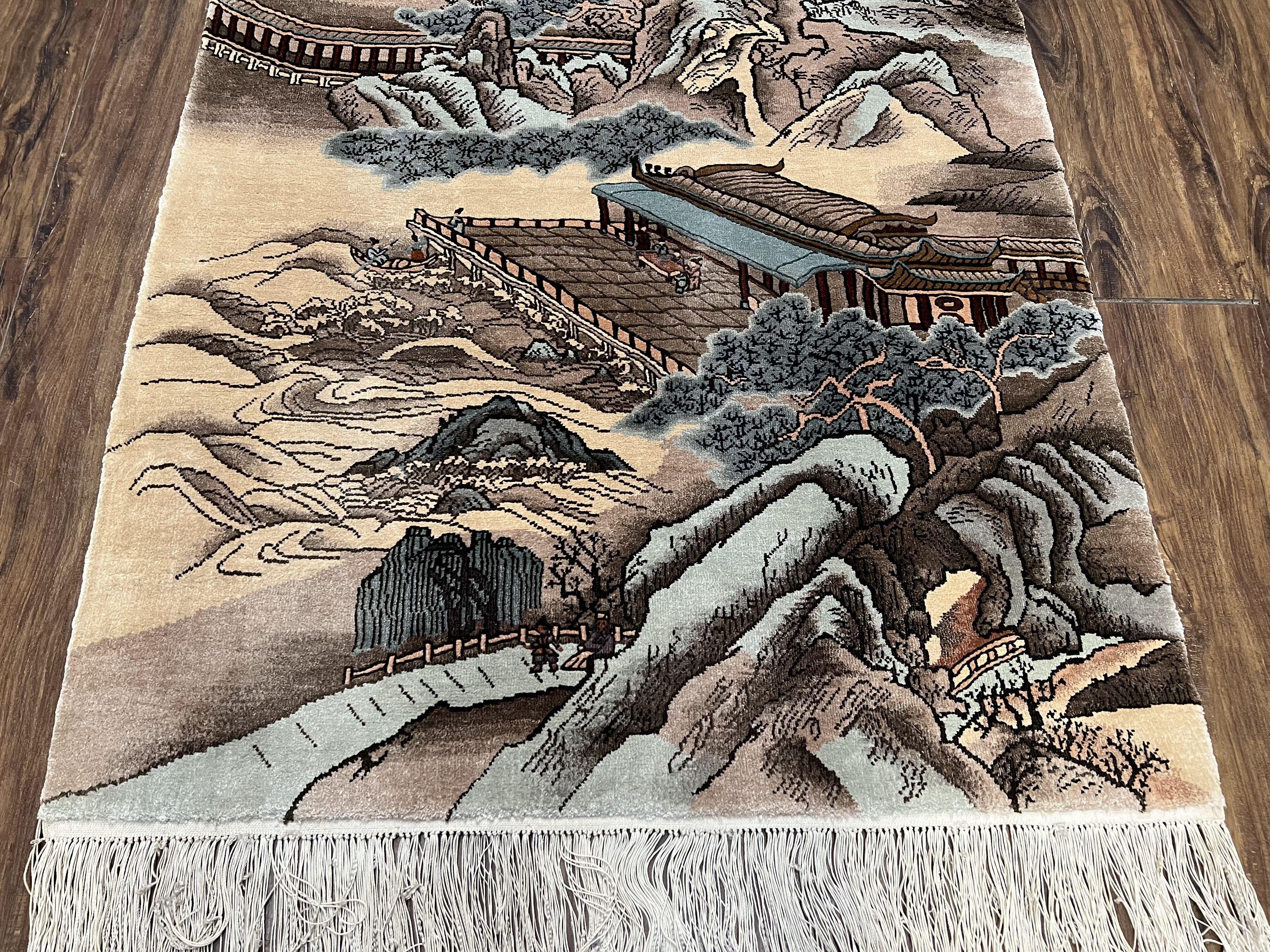 Silk Chinese Wall Hanging Rug 3x6 ft Tapestry, Pagoda Scene, Pictorial, High Quality Fine Hand Knotted Vintage, Asian Oriental Handmade Nice - Jewel Rugs