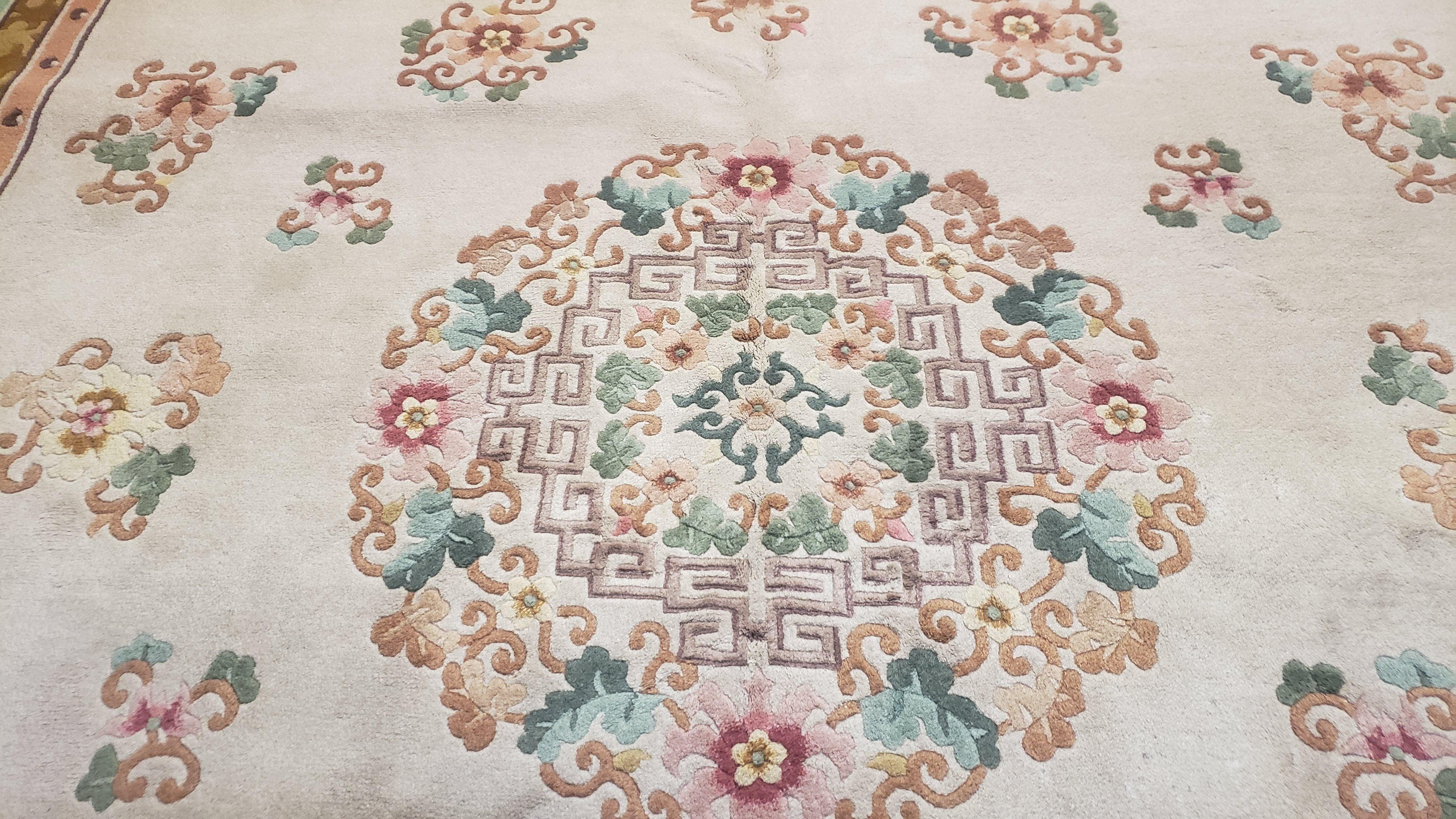 Vintage Chinese Art Deco Rug 9x12, Beige Art Deco Carpet 9 x 12, Handmade Hand Knotted Soft Plush Wool Area Rug 9 by 12 - Jewel Rugs