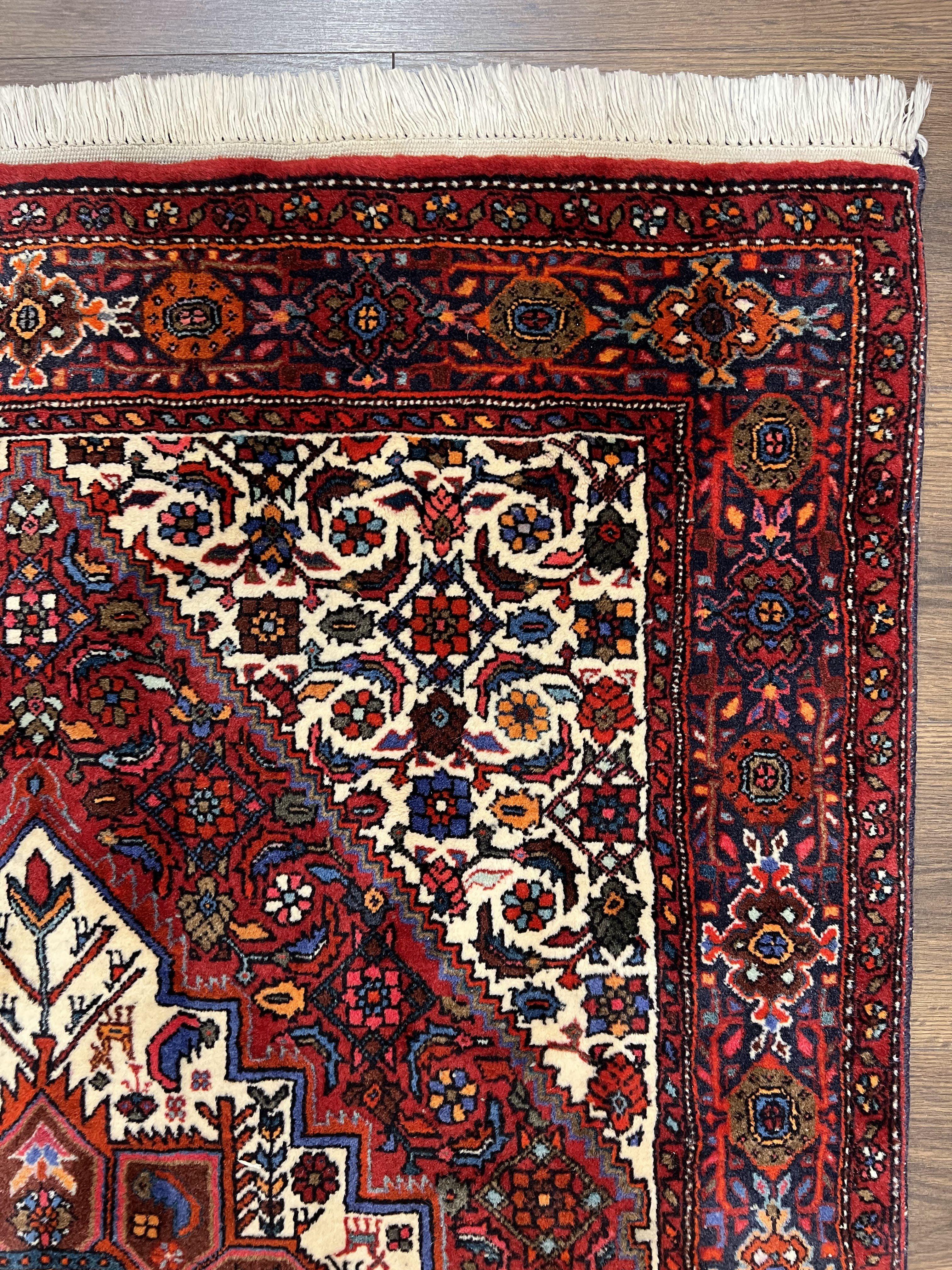 Fine Persian Bidjar Rug 3x5, Geometric Medallion Oriental Bijar Carpet 3 x 5 ft, Ruby Red and Cream, Hand Knotted Wool Rug, Semi Antique Tribal Rug, Nice - Jewel Rugs