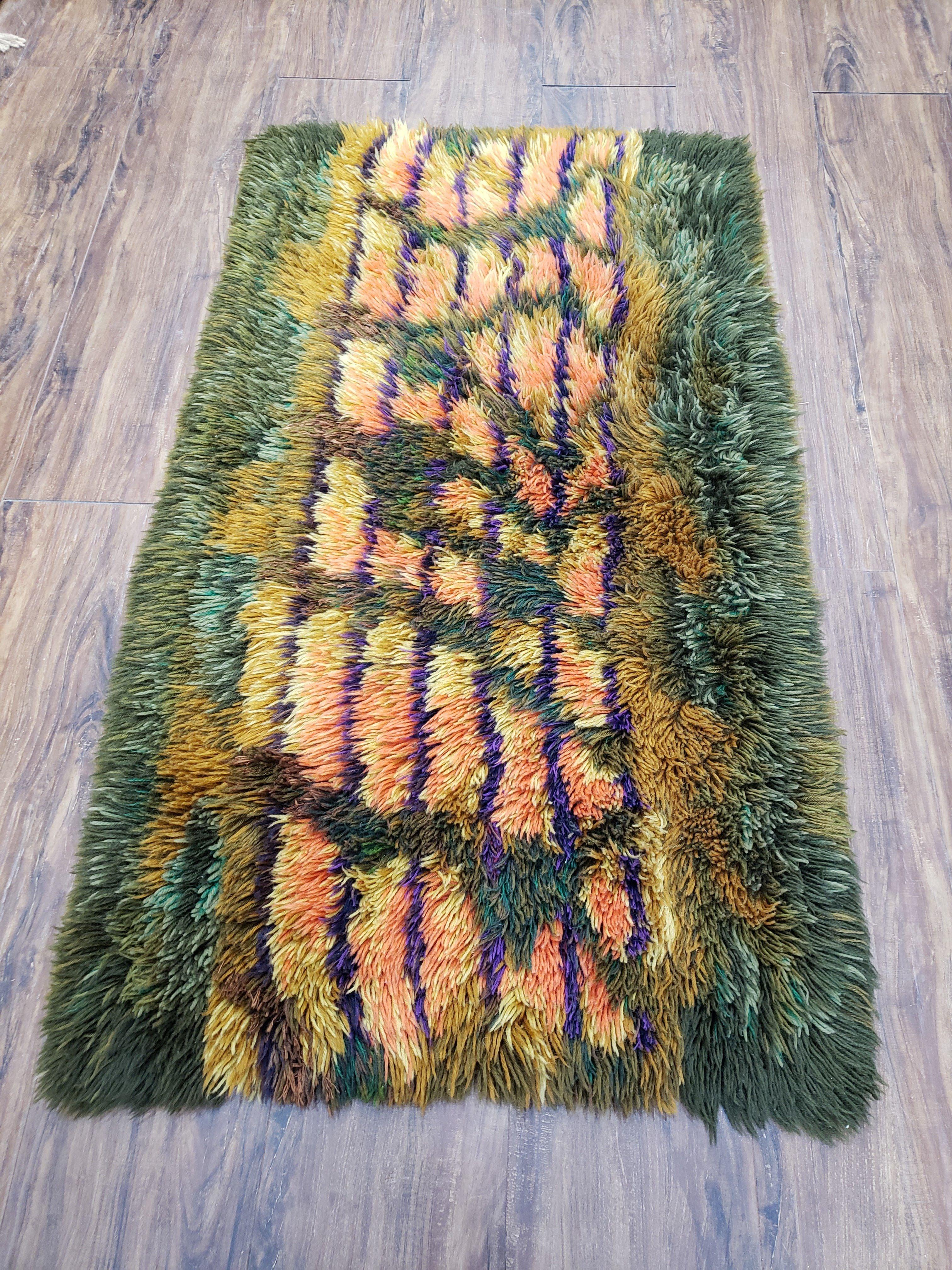 1960s Ege Rya Shag Rug 2x4, Green Rya Carpet, Mid-Century Vintage Shag Rug, 2 x 4 Soft High Pile Accent Rug, Modern Danish Shag Rug - Jewel Rugs