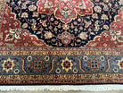 Indo Persian Square Rug 8x8, Vintage Indian Heriz Oriental Carpet, Large Floral Medallion, Red and Navy Blue, Hand-Knotted Square Shaped Rug - Jewel Rugs