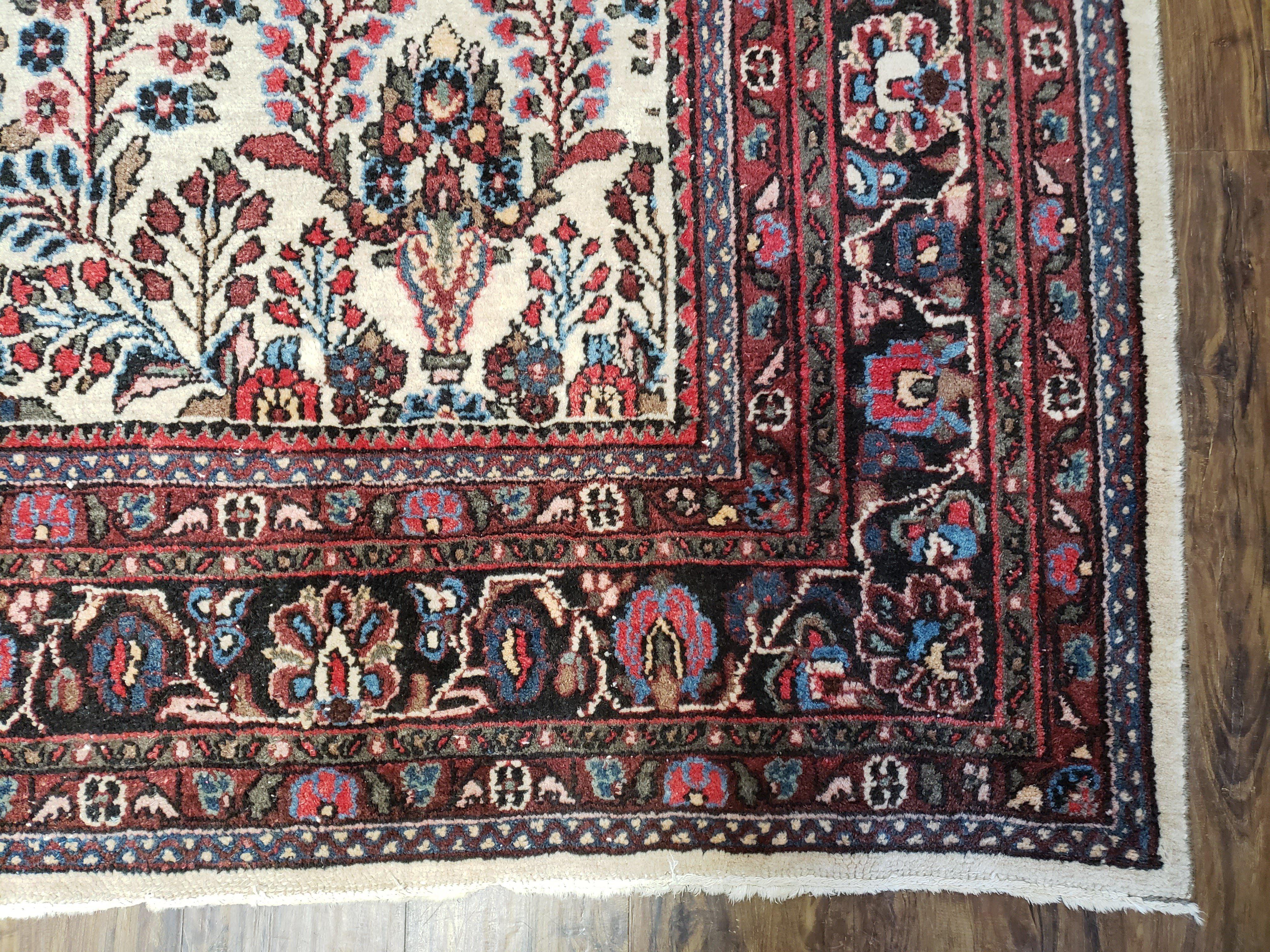 Semi Antique Persian Hamadan Dargazin Rug, Ivory Red Midnight Blue, Hand-Knotted, Wool, Allover Floral, 8'9" x 11' 9" - Jewel Rugs