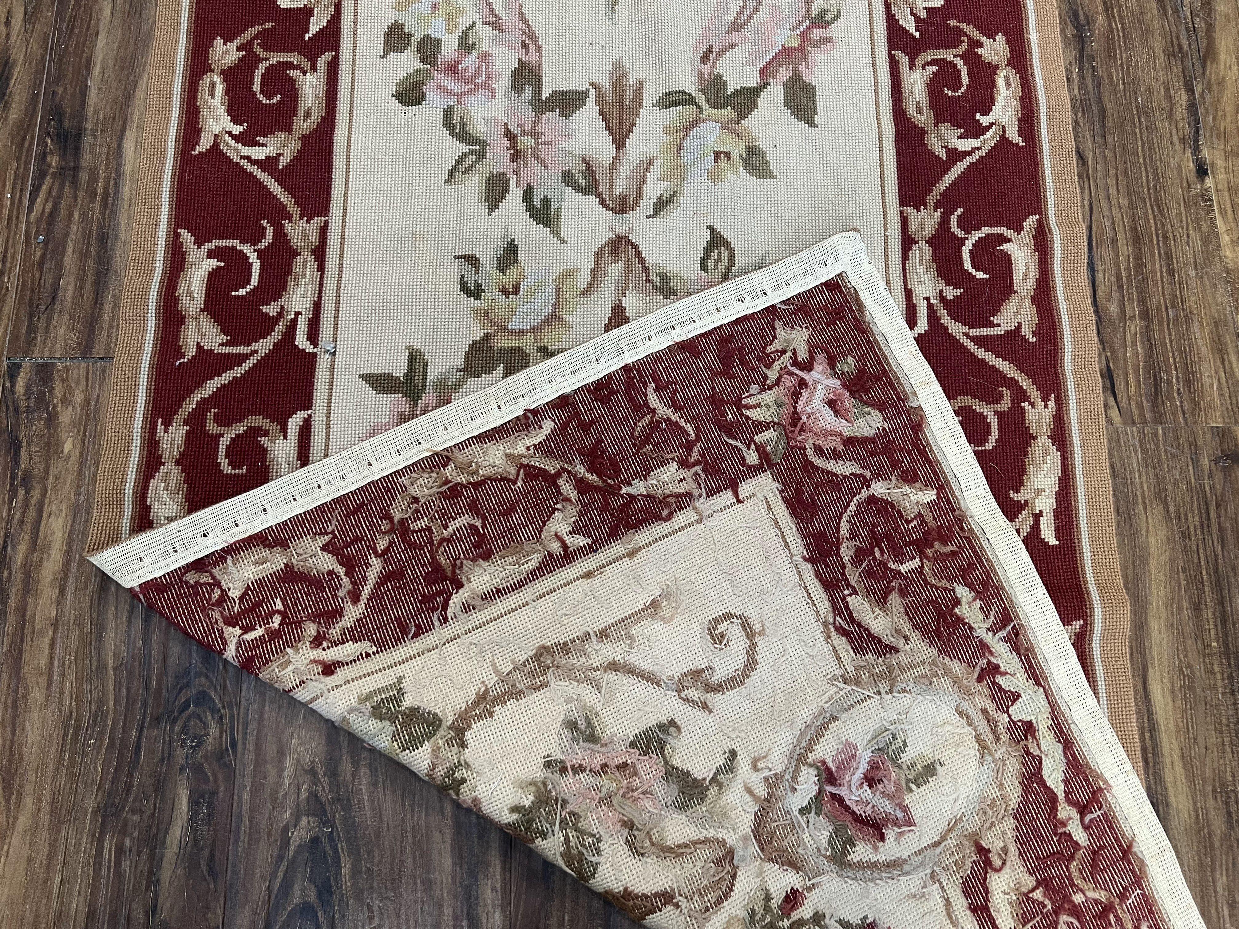 Needlepoint Runner 2.6 x 8 ft, French European Floral Vintage Rug, Beige/Cream Maroon Pink Flowers, Flatweave Runner 8 ft Long Hand Woven - Jewel Rugs