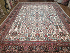 Semi Antique Persian Hamadan Dargazin Rug, Ivory Red Midnight Blue, Hand-Knotted, Wool, Allover Floral, 8'9" x 11' 9" - Jewel Rugs