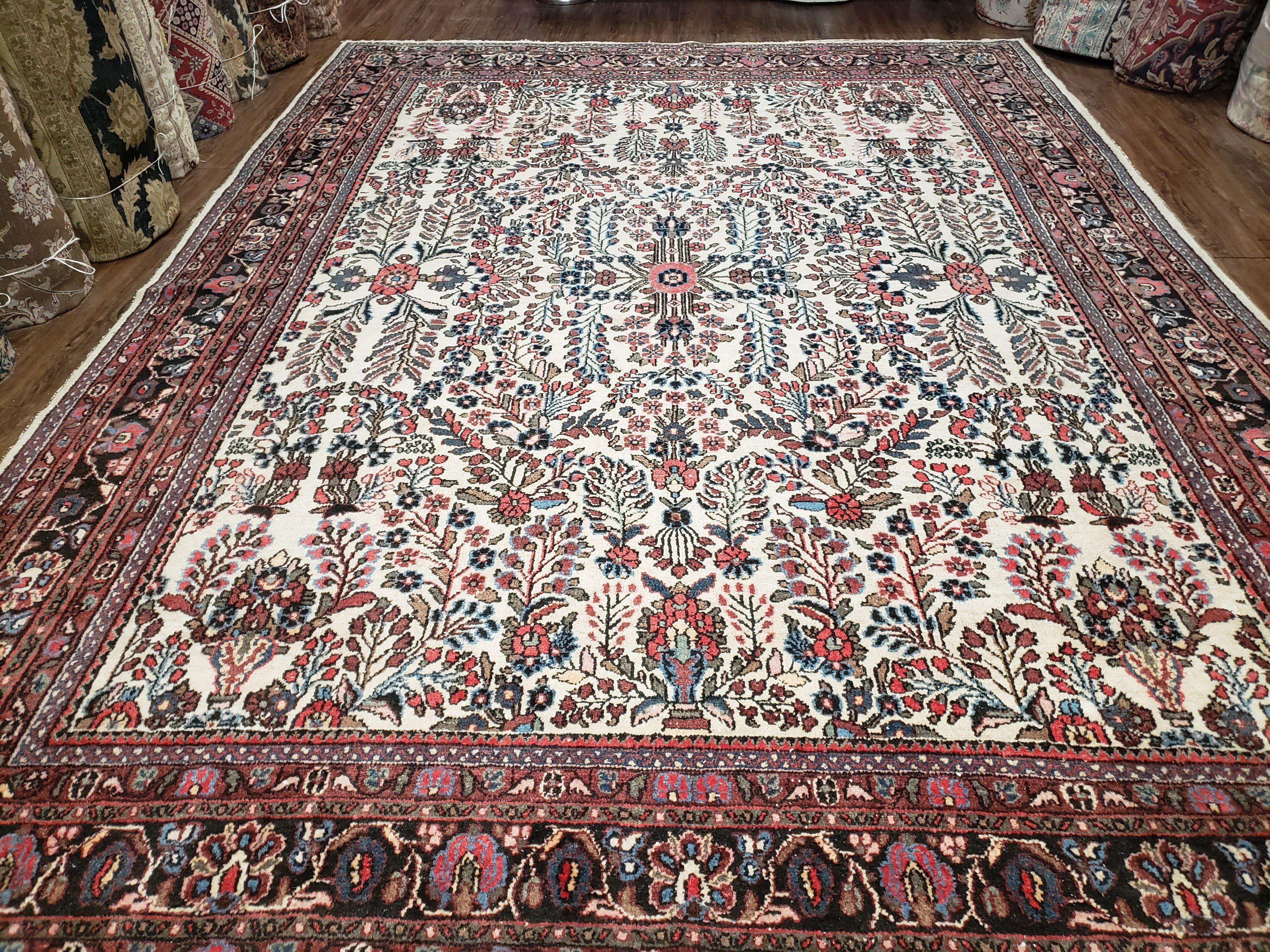 Semi Antique Persian Hamadan Dargazin Rug, Ivory Red Midnight Blue, Hand-Knotted, Wool, Allover Floral, 8'9" x 11' 9" - Jewel Rugs