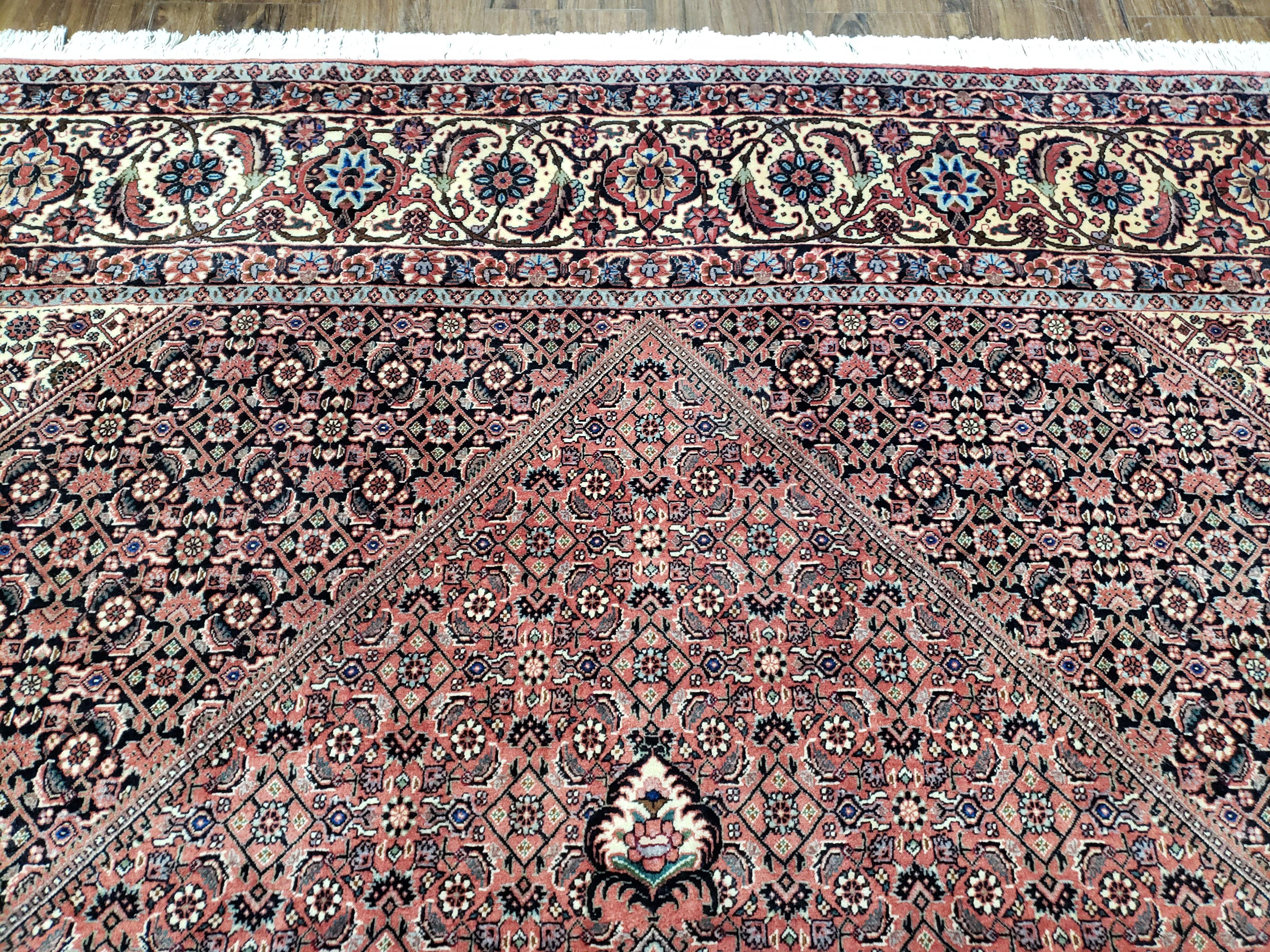 Stunning Persian Bidjar Rug 8x11 - Herati Mahi Pattern - High Quality Oriental Bijar Carpet - Vintage 8 x 11 Rug - Hand Knotted Wool Rug - Salmon Red Beige Black - Jewel Rugs