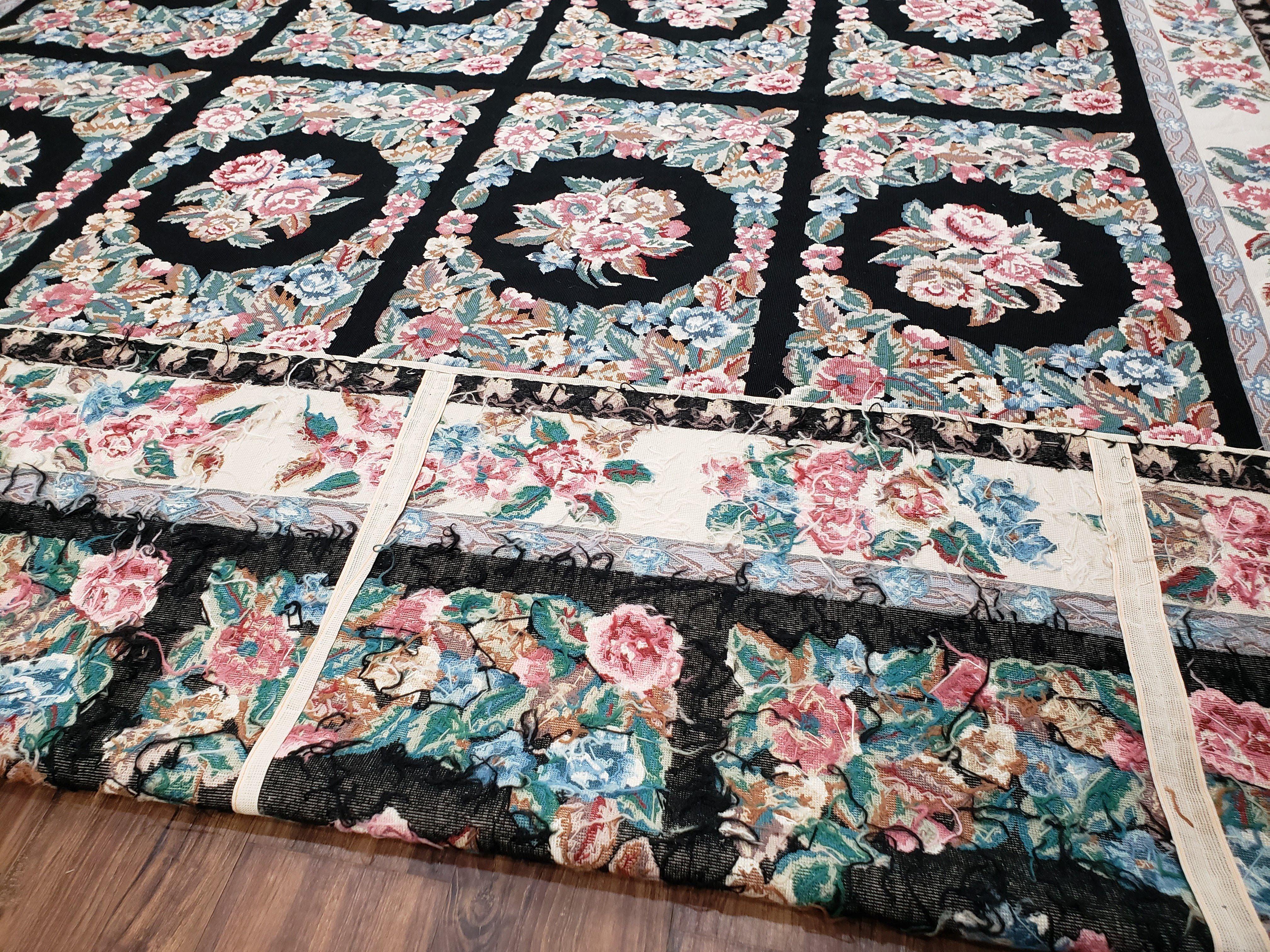 Floral Panel Needlepoint Rug, 9x13 - 10x14 Aubusson Rug, Large Needlepoint with Flowers, Black and Ivory Flatweave Aubusson, Multicolor - Jewel Rugs