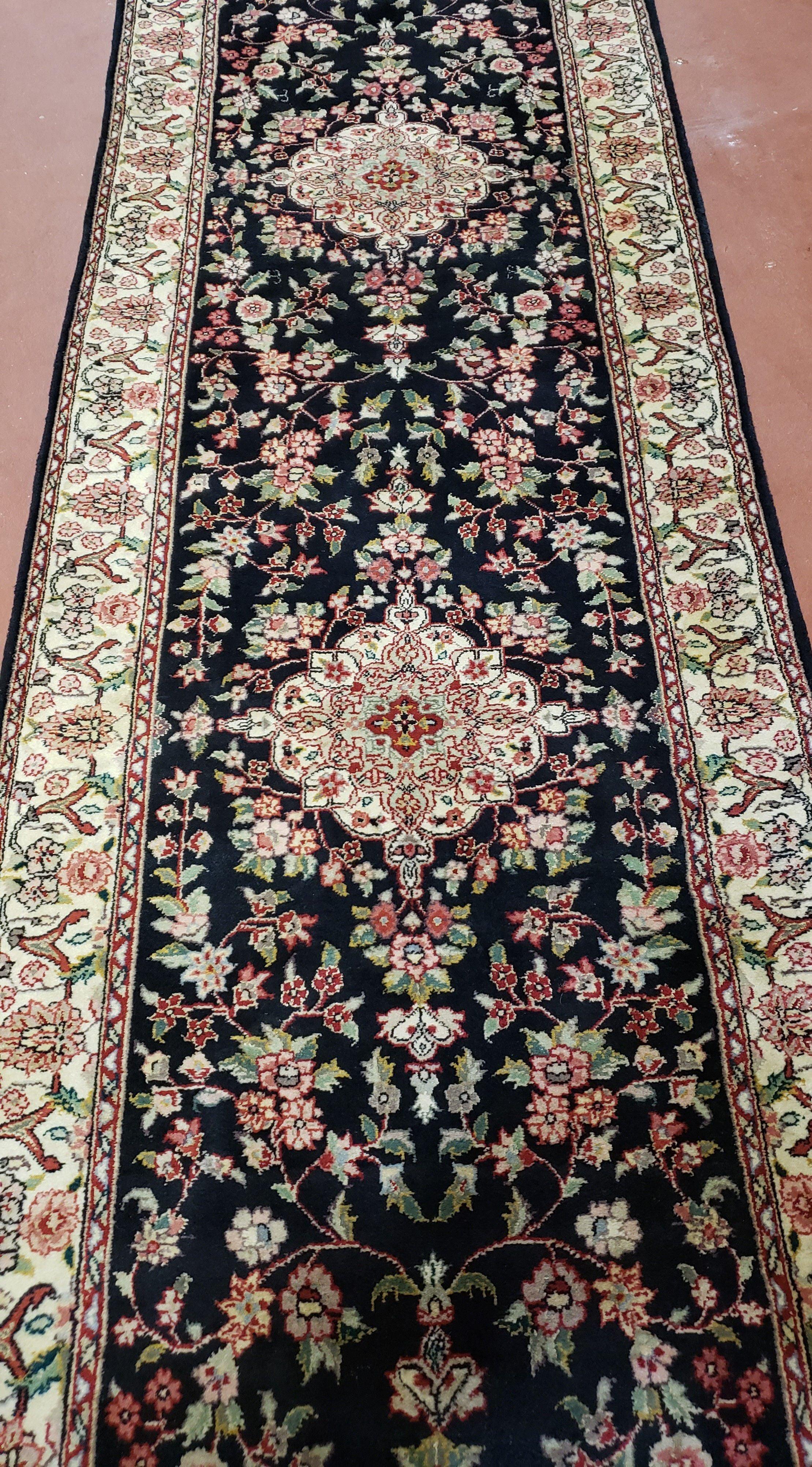 Traditional Oriental Runner Rug, 12ft Long Hallway Carpet, 2.5 ft Wide Black & Ivory Persian Runner, 2' 7" x 12", Hand Knotted Wool Vintage - Jewel Rugs