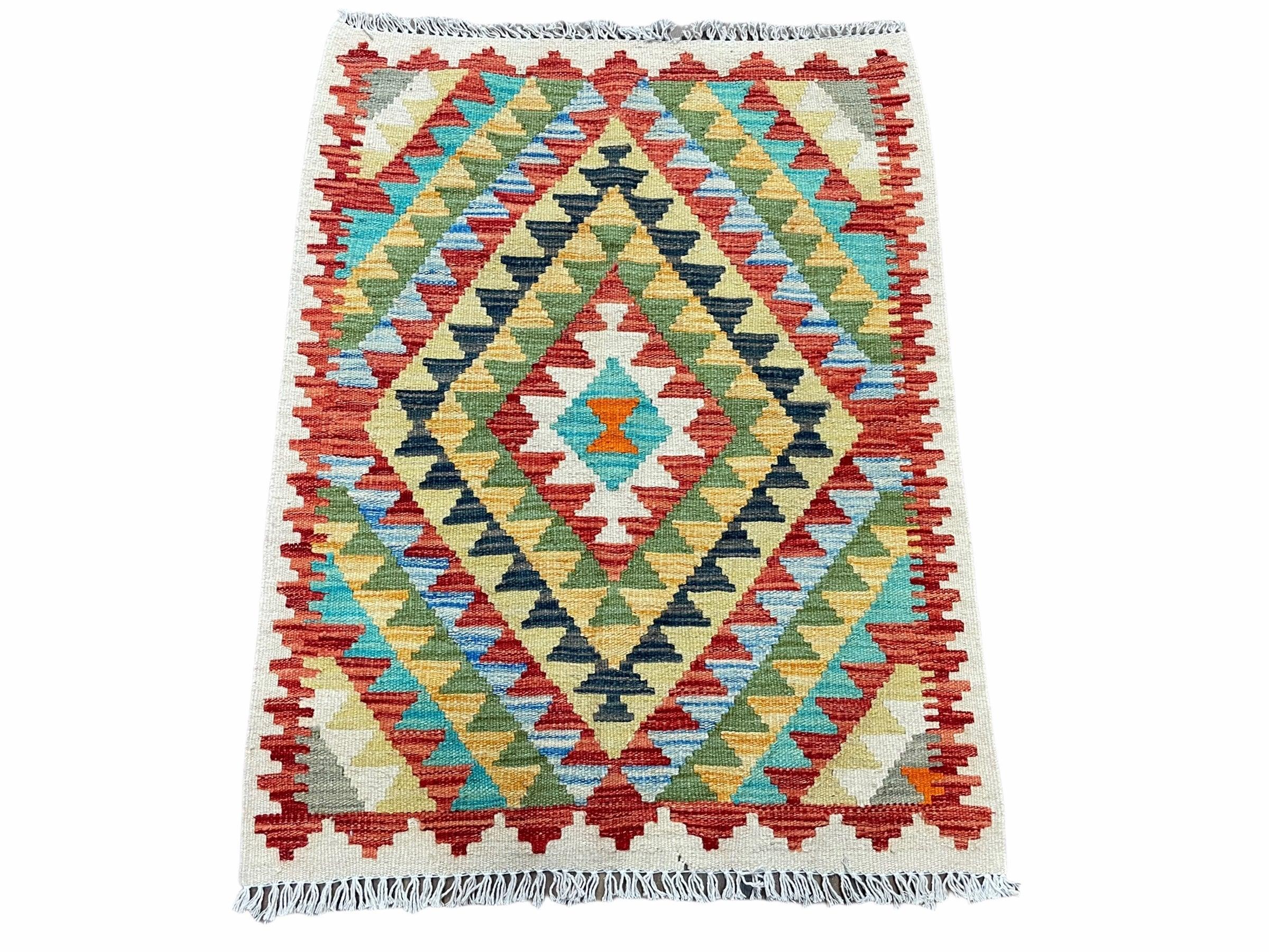 Small Kilim Rug 2x4 Colorful Turkish Kilim Accent Rug New Flatweave Wool Kilim Chobi Kilim Diamond Zigzag Playroom Rug - Jewel Rugs