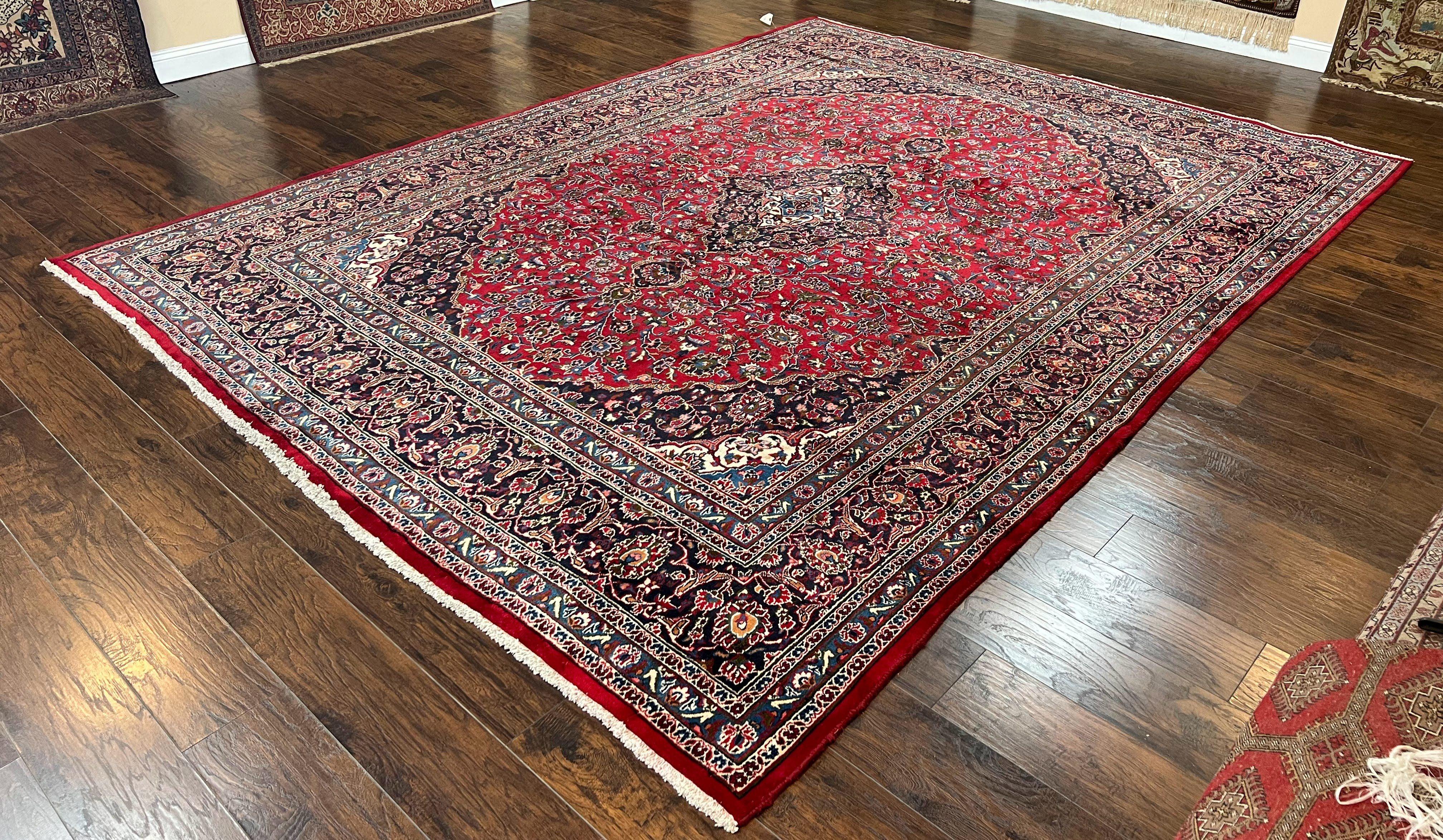 Large Persian Kashan Rug 10x13, Red Navy Blue, Allover Floral Medallion & Corner Design, Handmade Wool Oriental Carpet, Antique Traditional Rug - Jewel Rugs