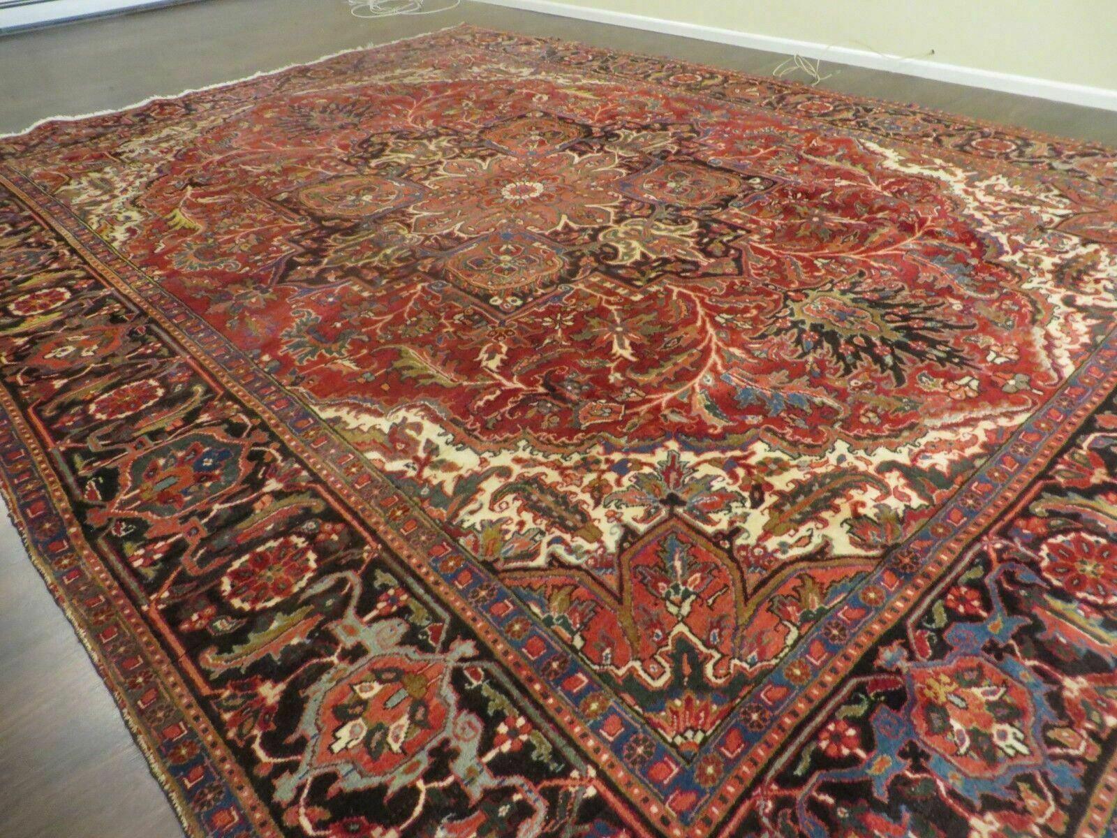 9' 5" X 12' 7" Handmade Perian Geometric Design Heriz Serapi Oriental Wool Rug Hand-Knotted Red Top Quality Veg Dyes - Jewel Rugs