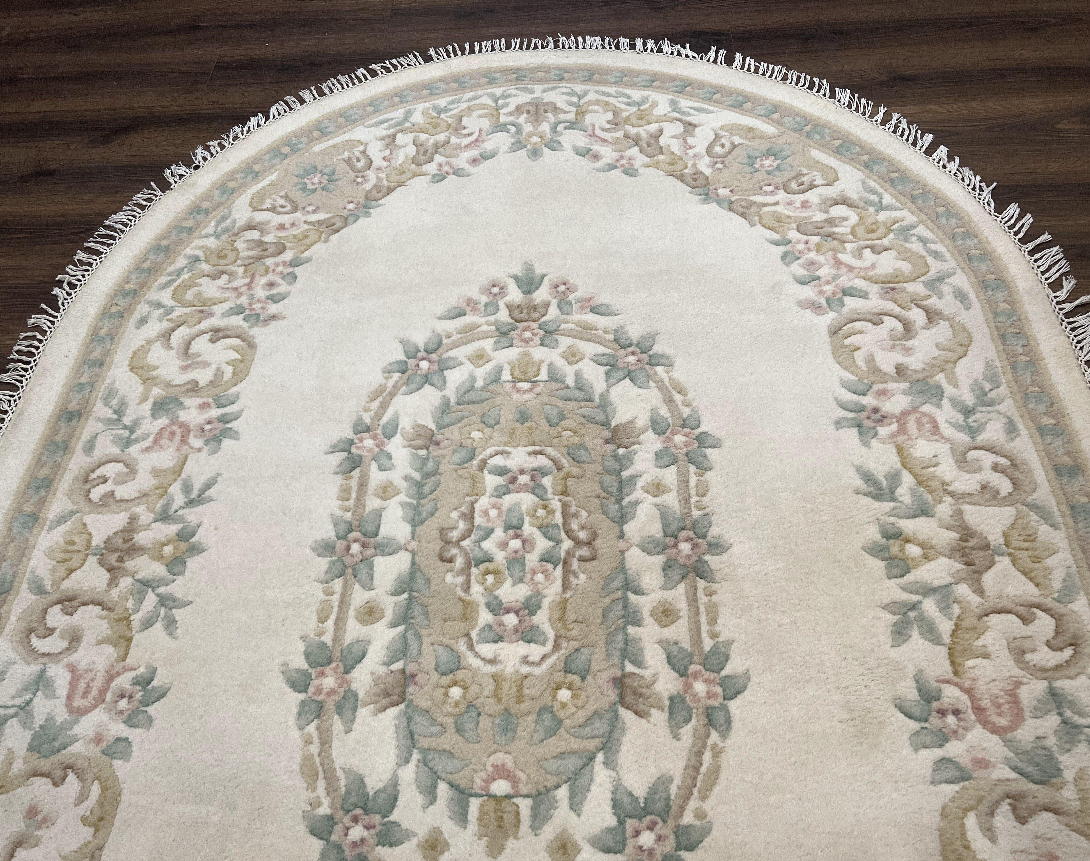 Indo Chinese Oval Rug 6x9, Aubusson Design, Ivory, Hand Knotted Wool Carpet, Large Vintage Oval Rug - Jewel Rugs