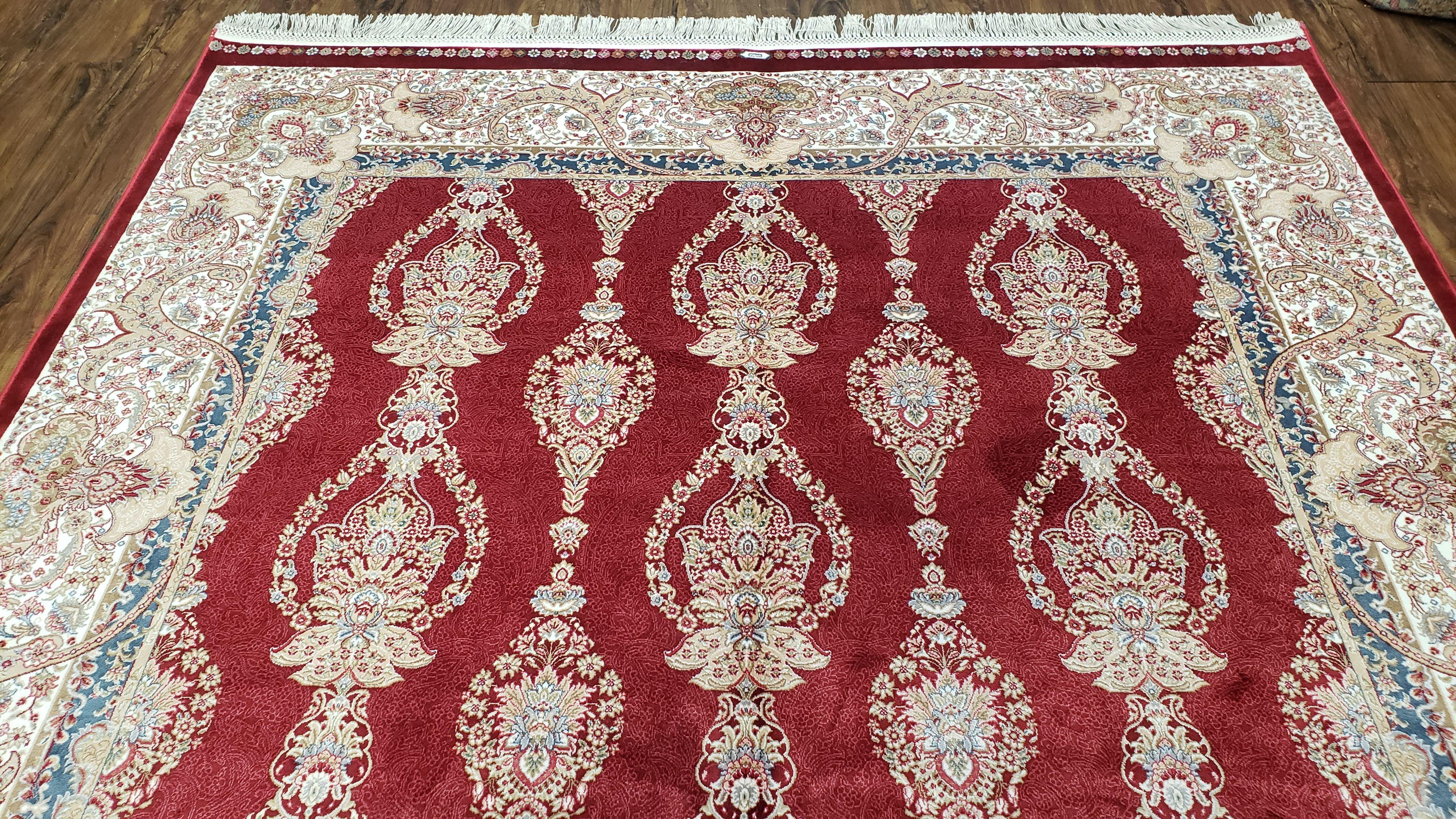 Dark Red Silk Carpet 5.3 x 7.6 ft, 5x8 Silk Rug, New Turkish Silk Carpet, Mint Condition, Beige & Red Area Rug, Bamboo Silk, High Quality - Jewel Rugs