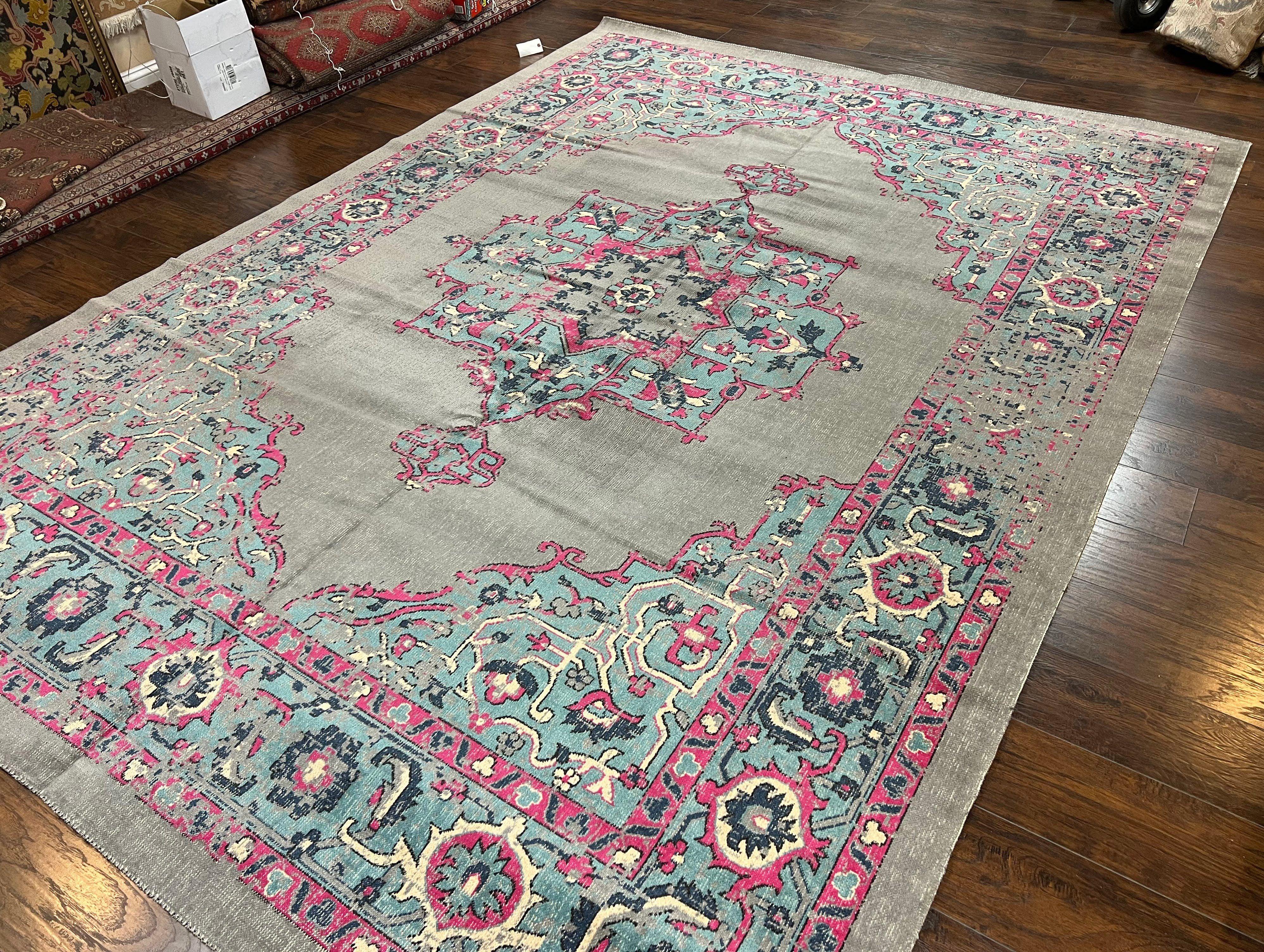 Safavieh Artison Rug 9x12, Turkish Power Loomed Carpet 9 x 12 ft, Antique Heriz Look, Light Gray Light Blue Hot Pink, Medallion Rug - Jewel Rugs