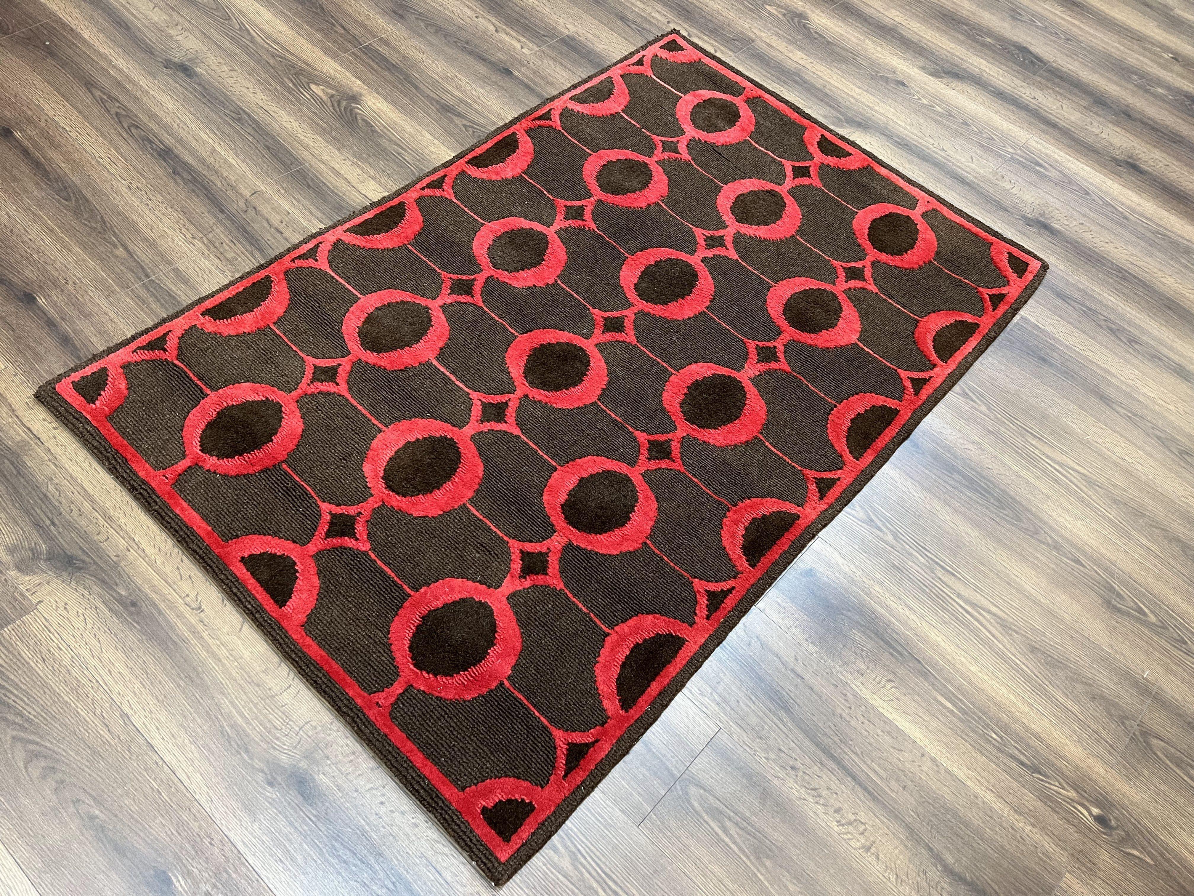 Modern Tibetan Rug 3.8 x 5.7, Raspberry Red and Dark Brown, Abstract Circle Design, Hand Knotted, Soft Wool Handmade Tibet Nepali Carpet 4x6 - Jewel Rugs