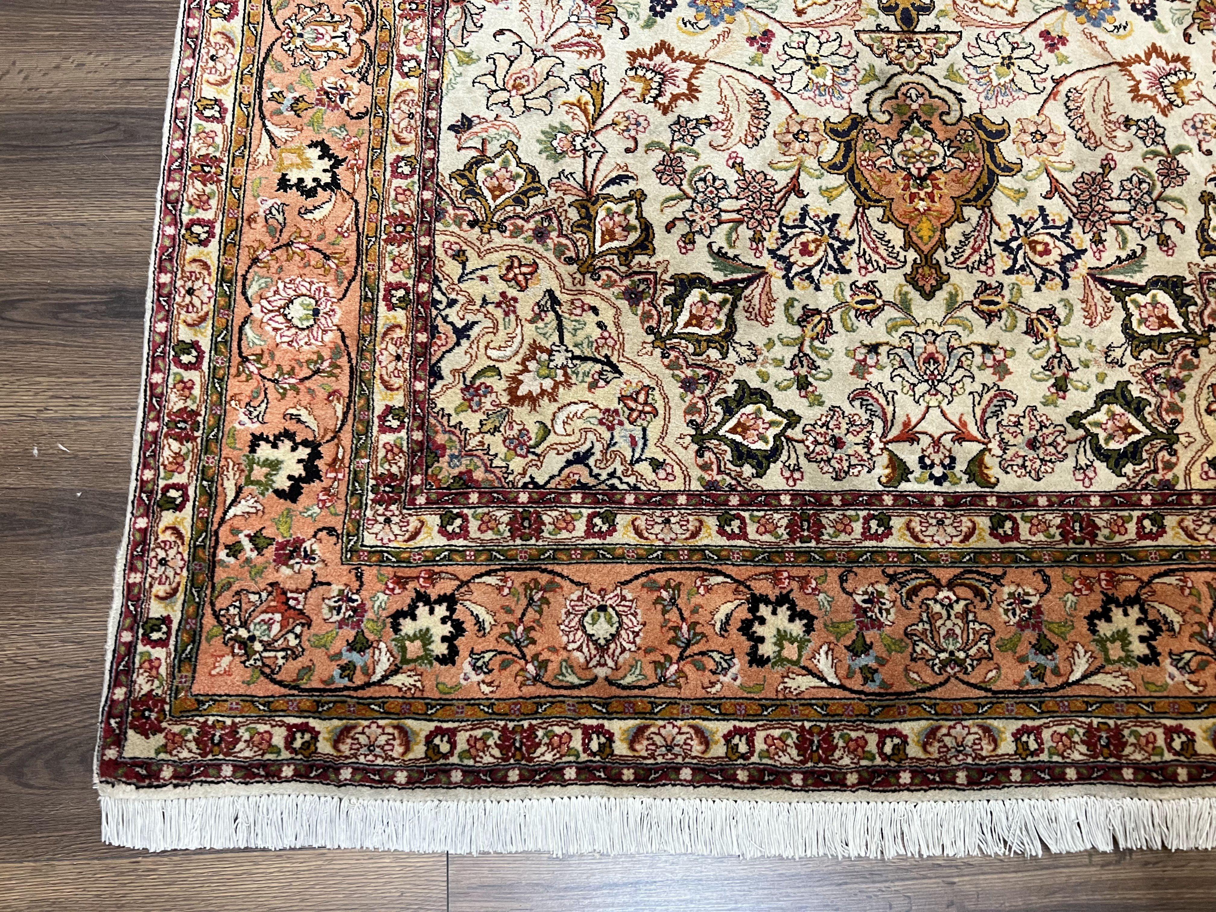 Stunning Persian Rug 5x7, Very Fine Authentic Persian Tabriz Carpet, 1960s Vintage Floral Medallion, Hand Knotted Wool Rug, Cream Salmon Gold - Jewel Rugs