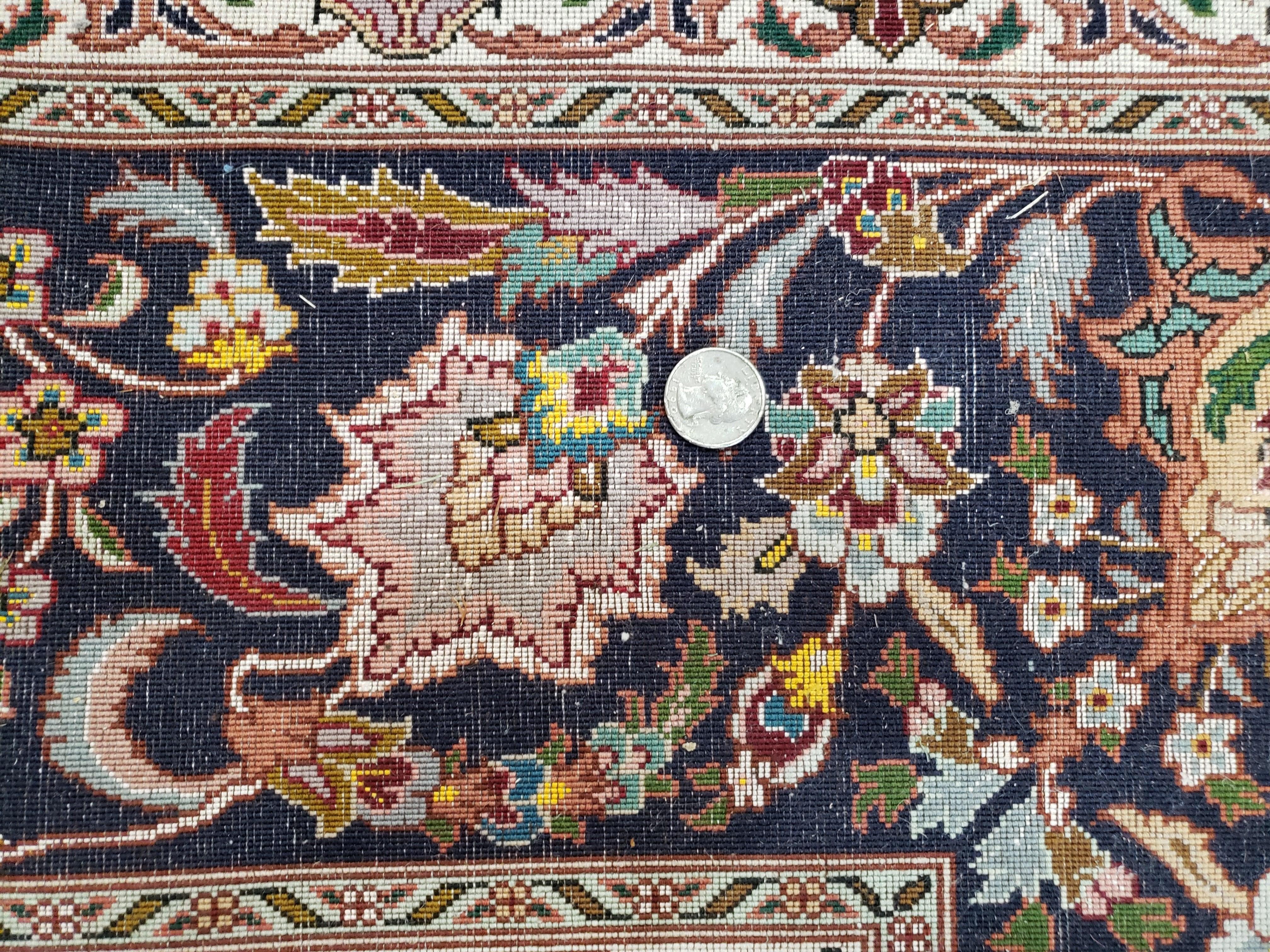 Vintage Persian Tabriz Rug 6.7 x 9.9, Wool Hand-Knotted Salmon Pink & Dark Blue Floral Medallion Carpet, Traditional Fine Persian Oriental Rug - Jewel Rugs