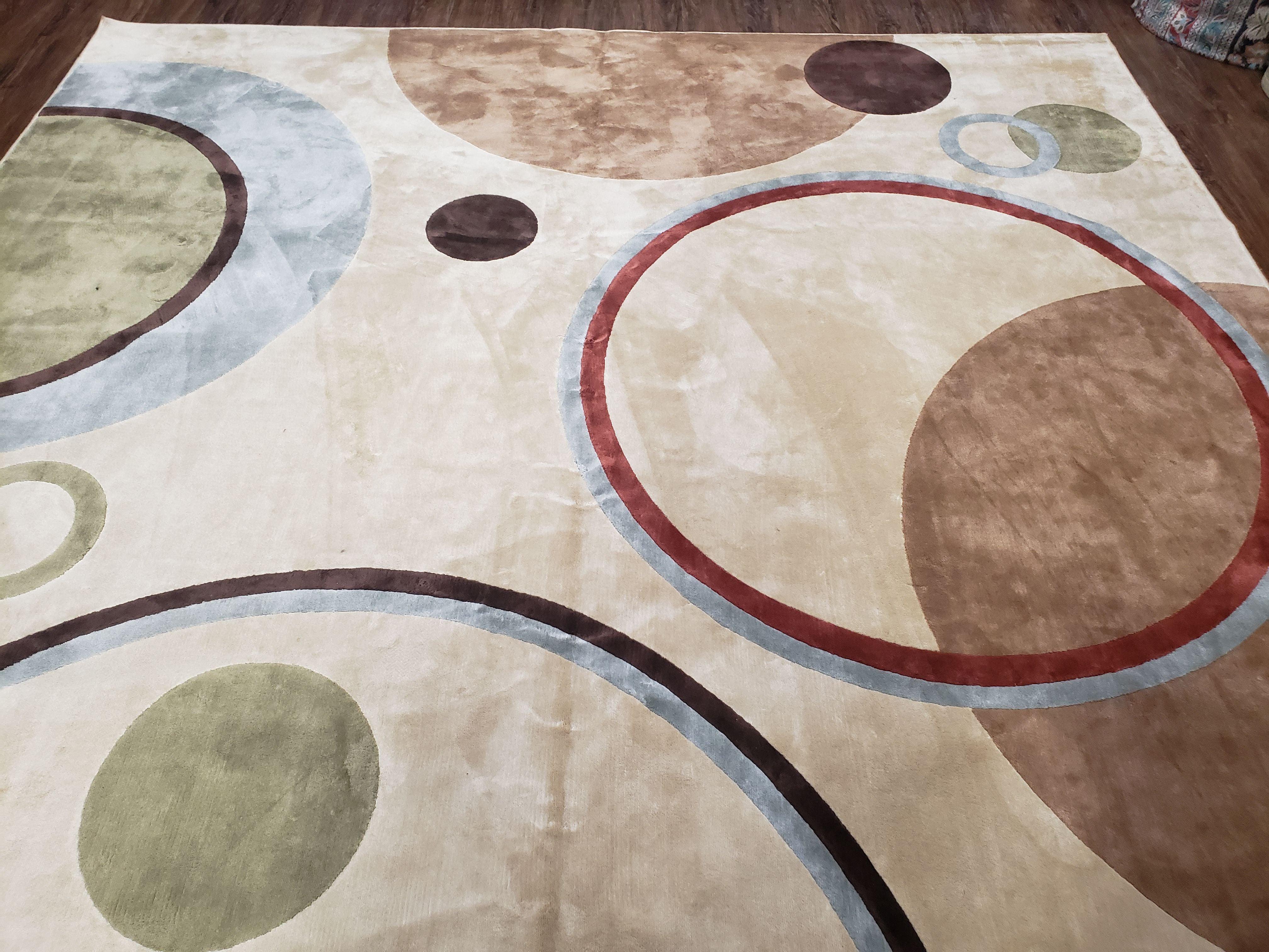 8x11 Modern Rug, 8 x 11 Abstract Area Rug, Circles, Cream, Tan, Art Silk, Soft Carpet - Jewel Rugs