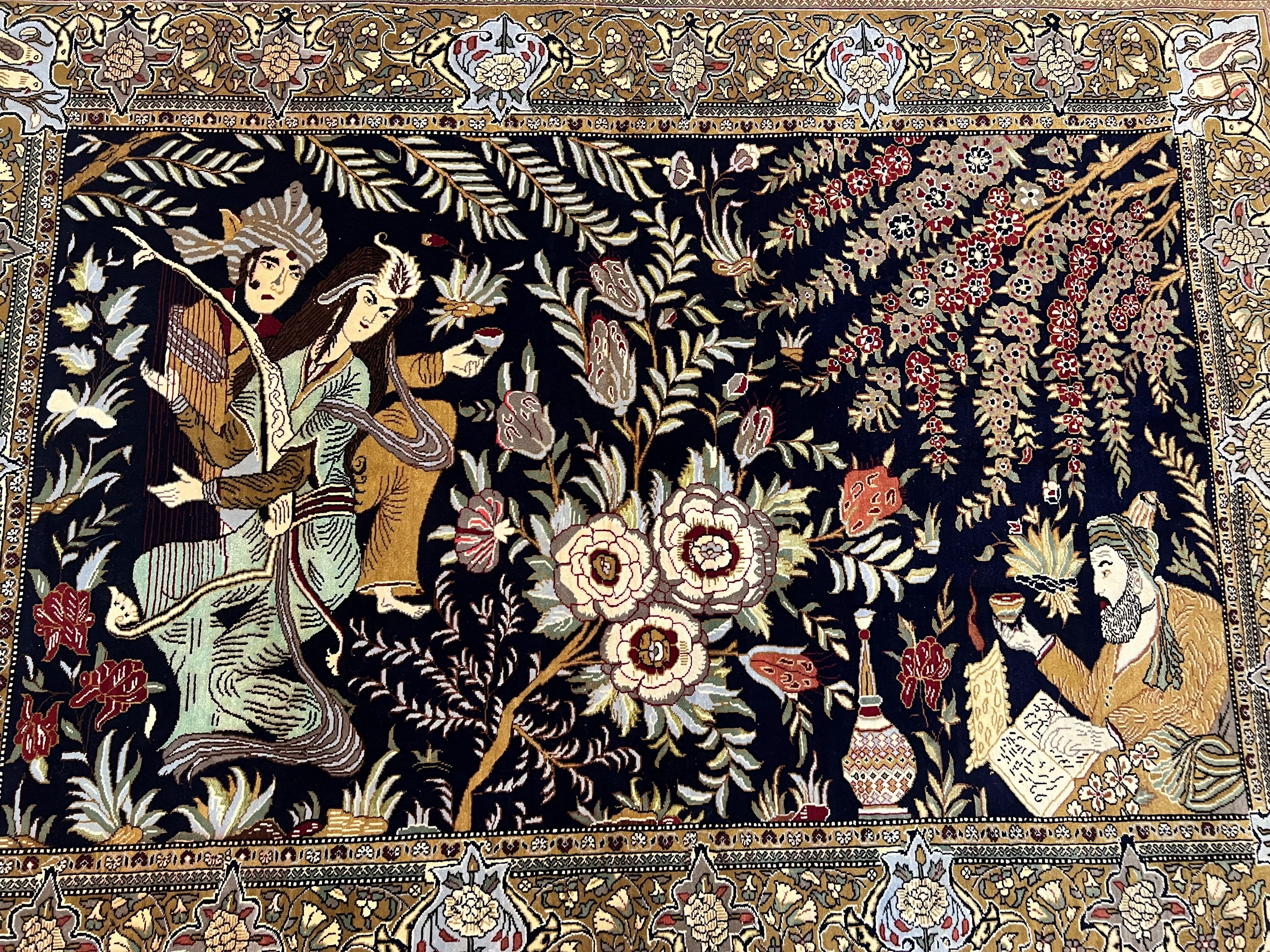 Persian Qum Pictorial Rug 4.8 x 6.5, Layla & Majnun Lovers Floral Birds, Super Fine Top Quality, Soft Kork Wool, Handmade Detailed, Semi Antique Ghom Carpet - Jewel Rugs