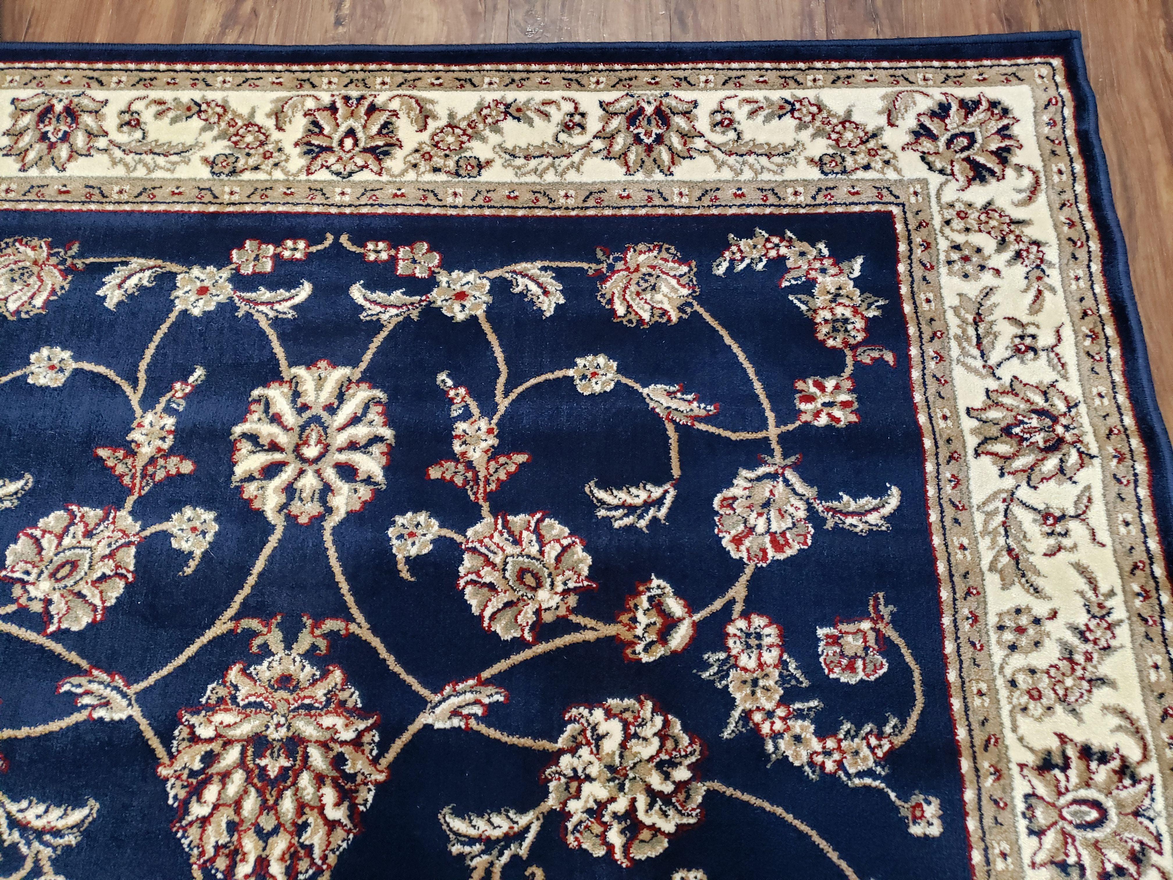 Dark Blue Oriental Area Rug Vintage, Wool & Silk Feel, Italian Rug, Persian Design, Soft Pile, Dark Blue Beige/Cream, 5.5 x 7.7, Part of Set - Jewel Rugs