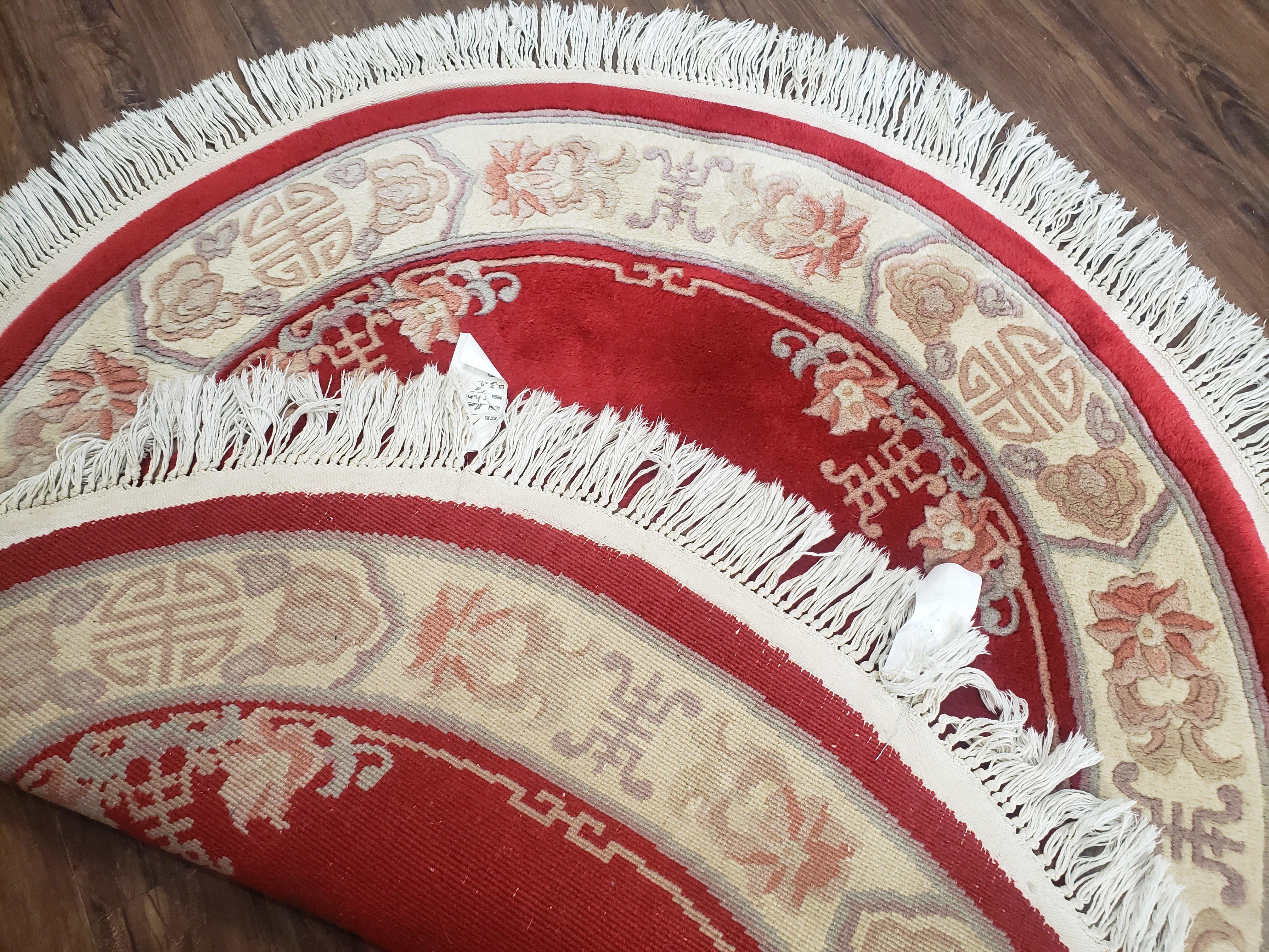 Round Chinese Carving Rug 3.9 x 3.9, Small 90 Line Chinese Circular Carpet, Art Deco Rug, Red and Beige, 4ft Round, Wool Rug Soft Handmade - Jewel Rugs