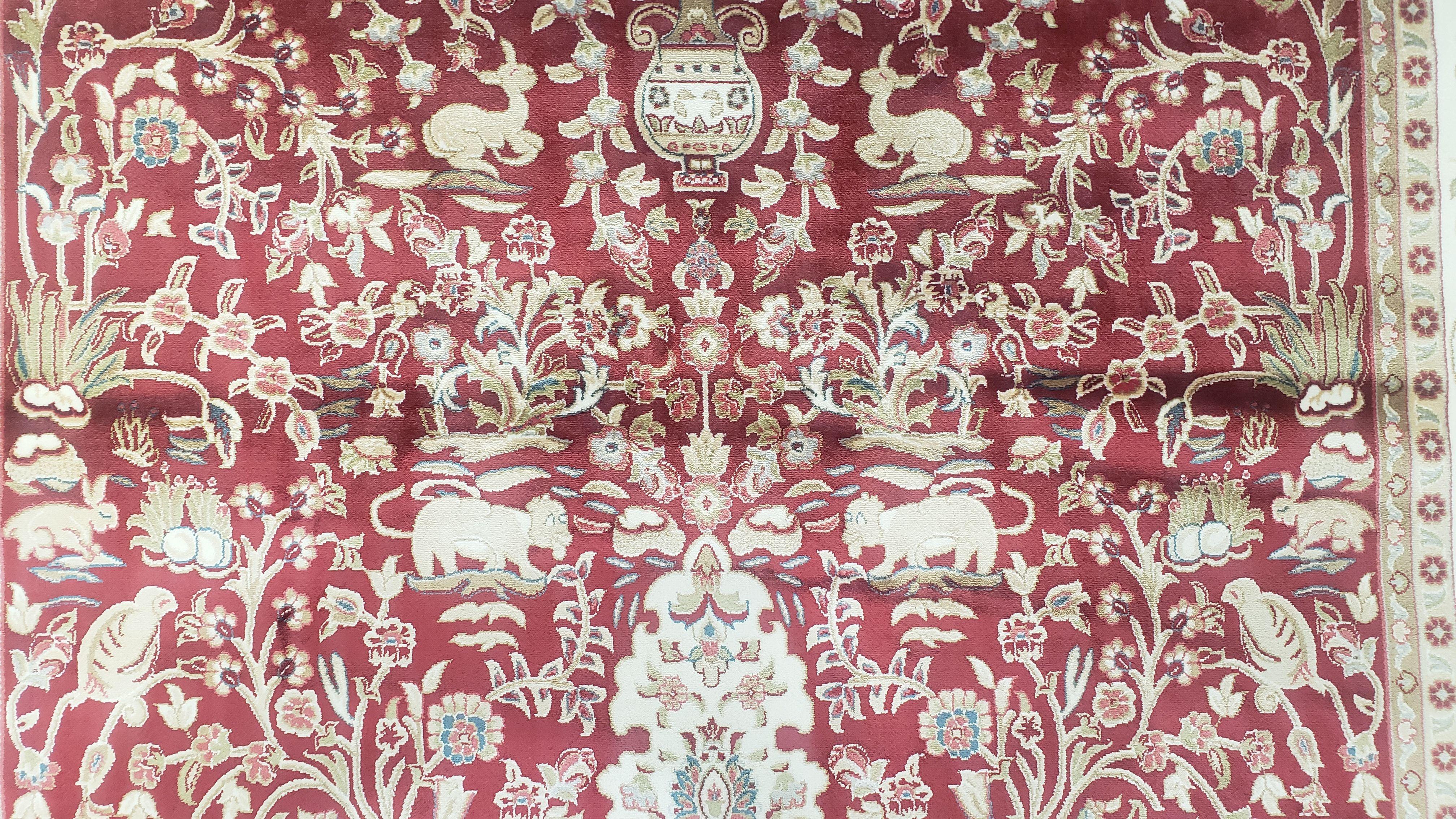 Silk Carpet 4x6 Dark Red & Cream, Tree of Life Rug, Animal Motifs, Birds Deer Rabbits, All Bamboo Silk, 4 x 6 Silk Area Rug - Jewel Rugs