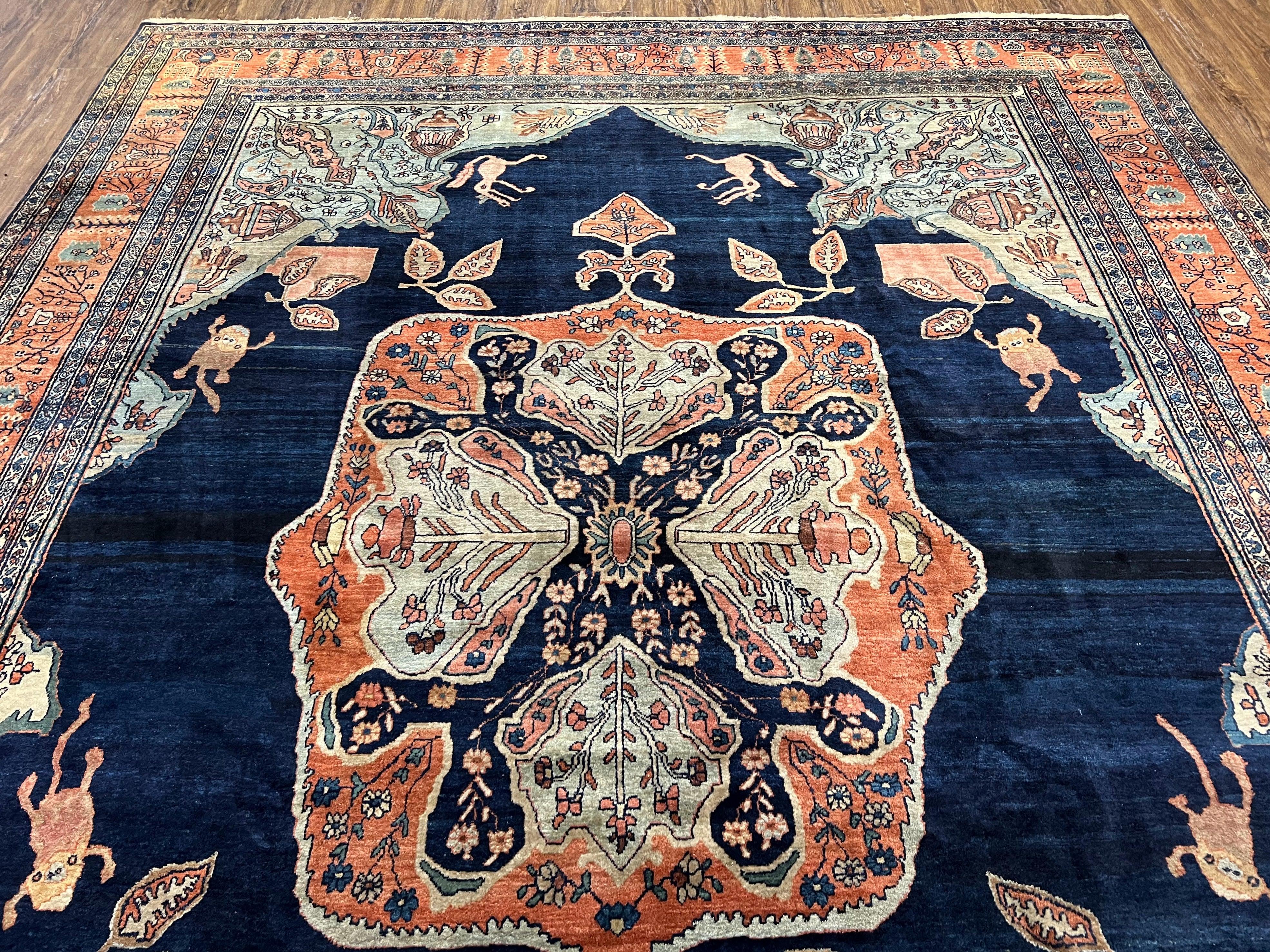 Marvelous and Rare Persian Farahan Rug 9x12, Antique 1920s Persian Carpet, Navy Blue Semi Open Field, Signature from Master Weaver Taftanchian, Animals Bees Monkeys - Jewel Rugs