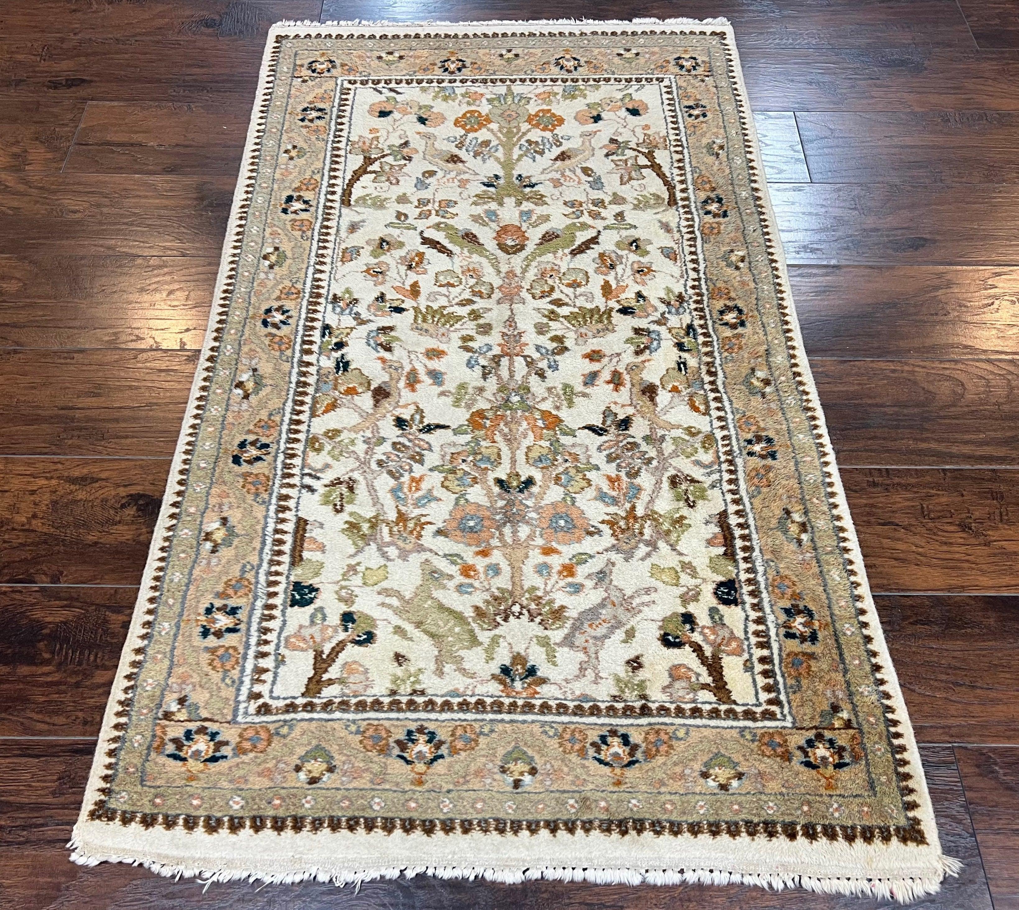 Indo Persian Rug 3x5 ft, Tree of Life Animal Pictorial Motifs, Cream Tan Handmade Wool Small Oriental Carpet, Vintage Indian Rug 3 x 5 ft - Jewel Rugs