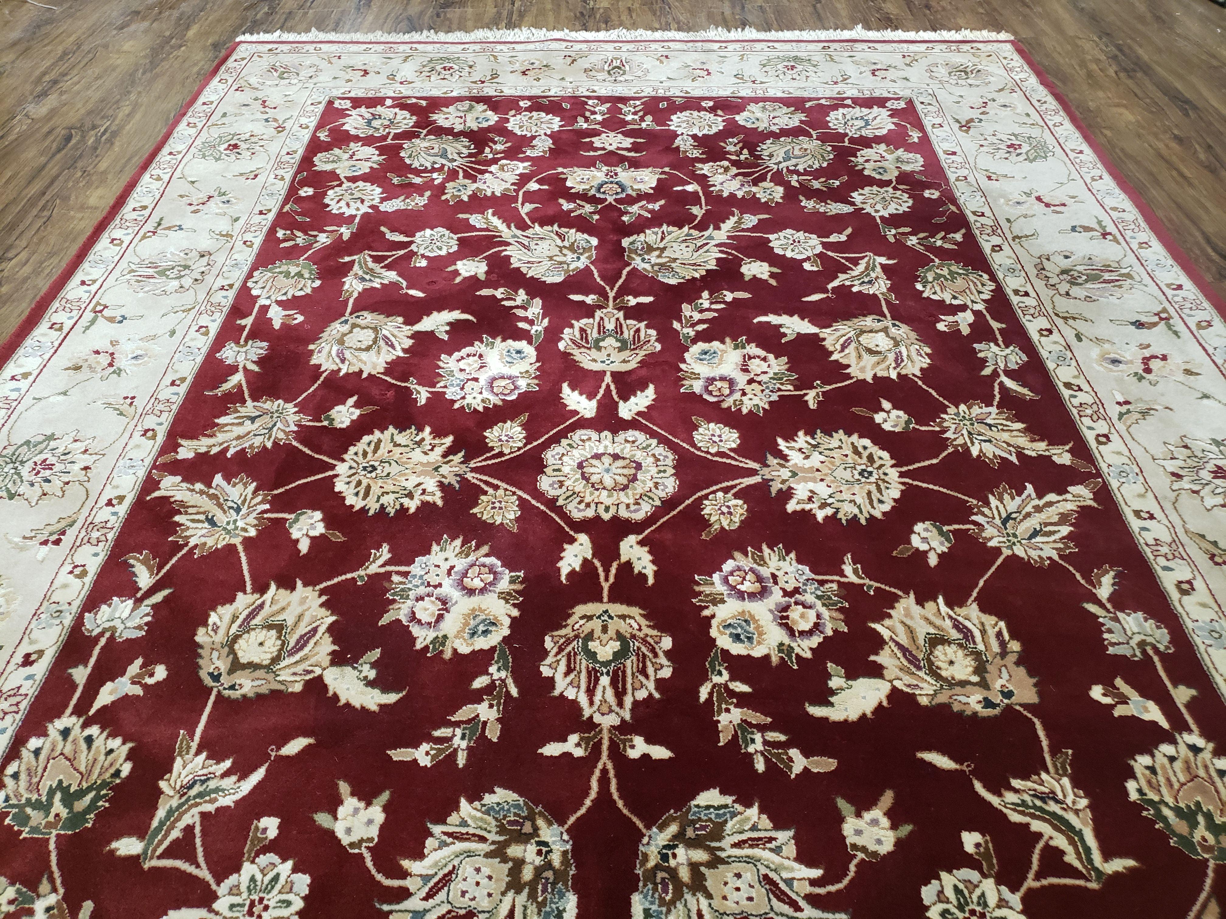 Vintage Traditional Oriental Area Rug, Hand-Knotted, Wool & Silk Accents, Maroon Red and Beige, 6x9 Carpet, 5' 9" x 9' - Jewel Rugs