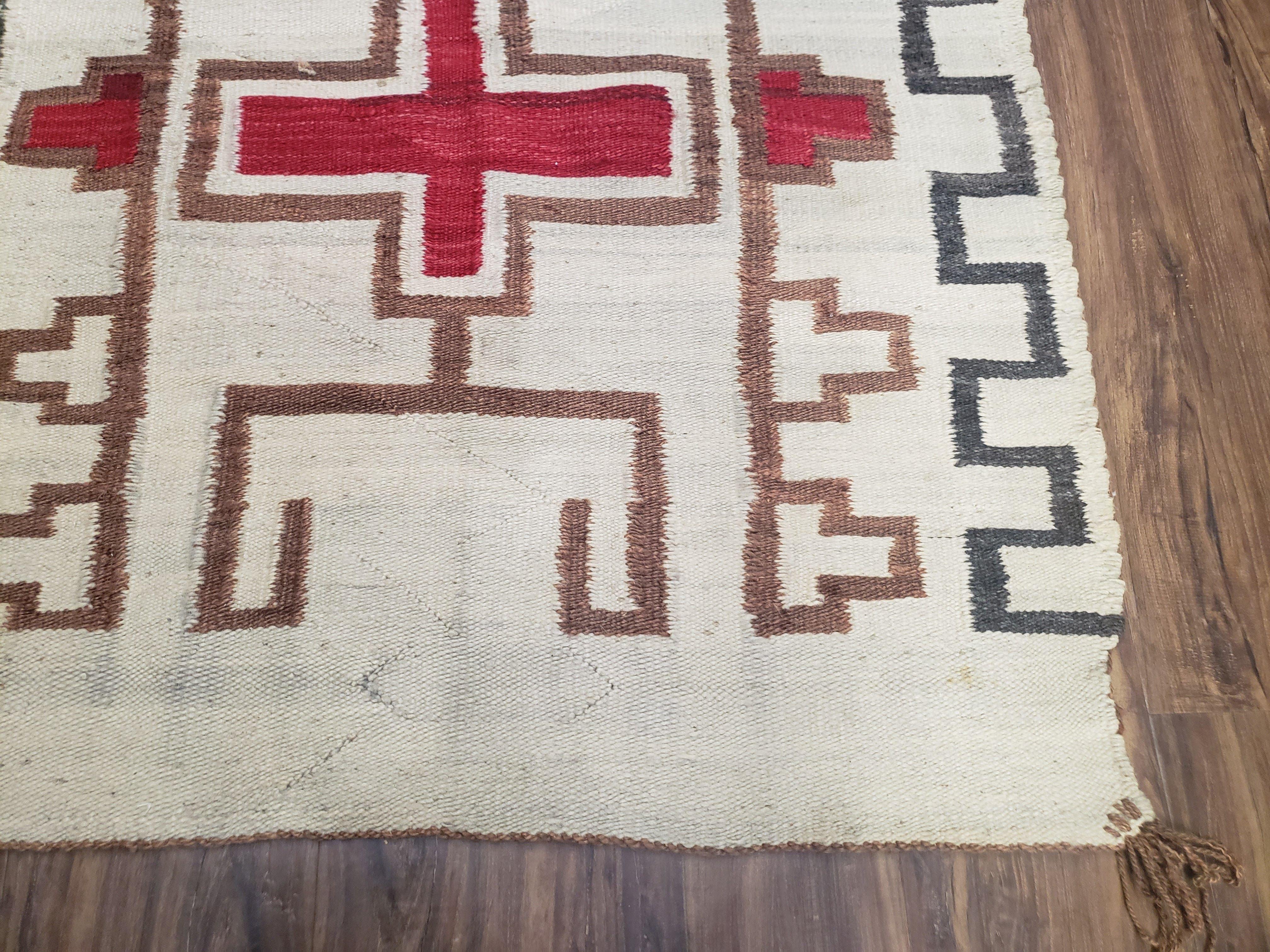 Semi Antique Navajo Rug 3x5, Wool Hand Woven, First Aid Cross Navajo American Blanket, Kilim Rug, Ivory Red, Nice, Rare Navaho Blanket - Jewel Rugs