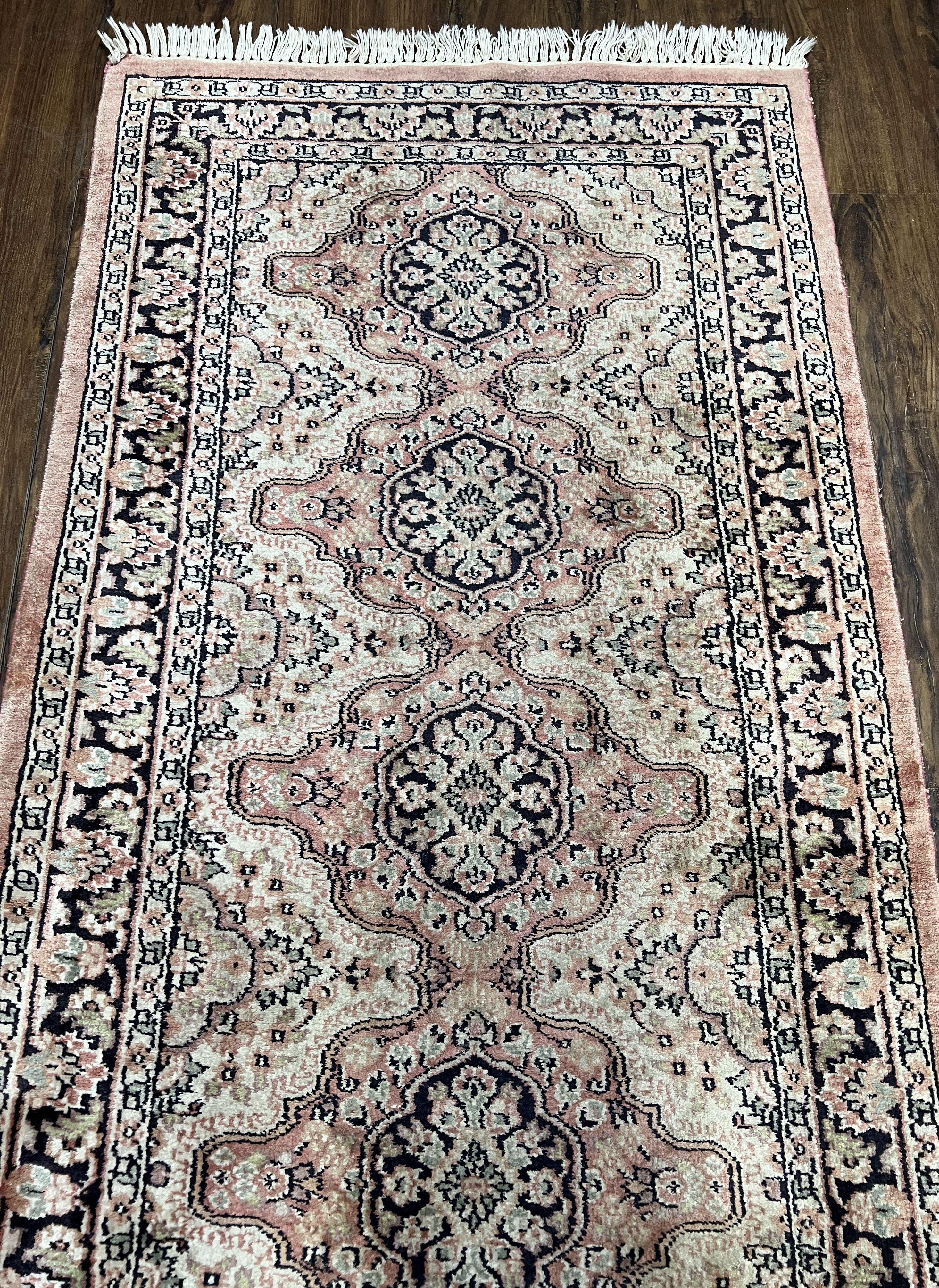 Silk Kashmiri Runner 2.7 x 10 ft Vintage Rug, Ivory Pastel Pink, Hand-Knotted Vintage Runner, Hallway Carpet, Indian Rug Medallion Runner - Jewel Rugs