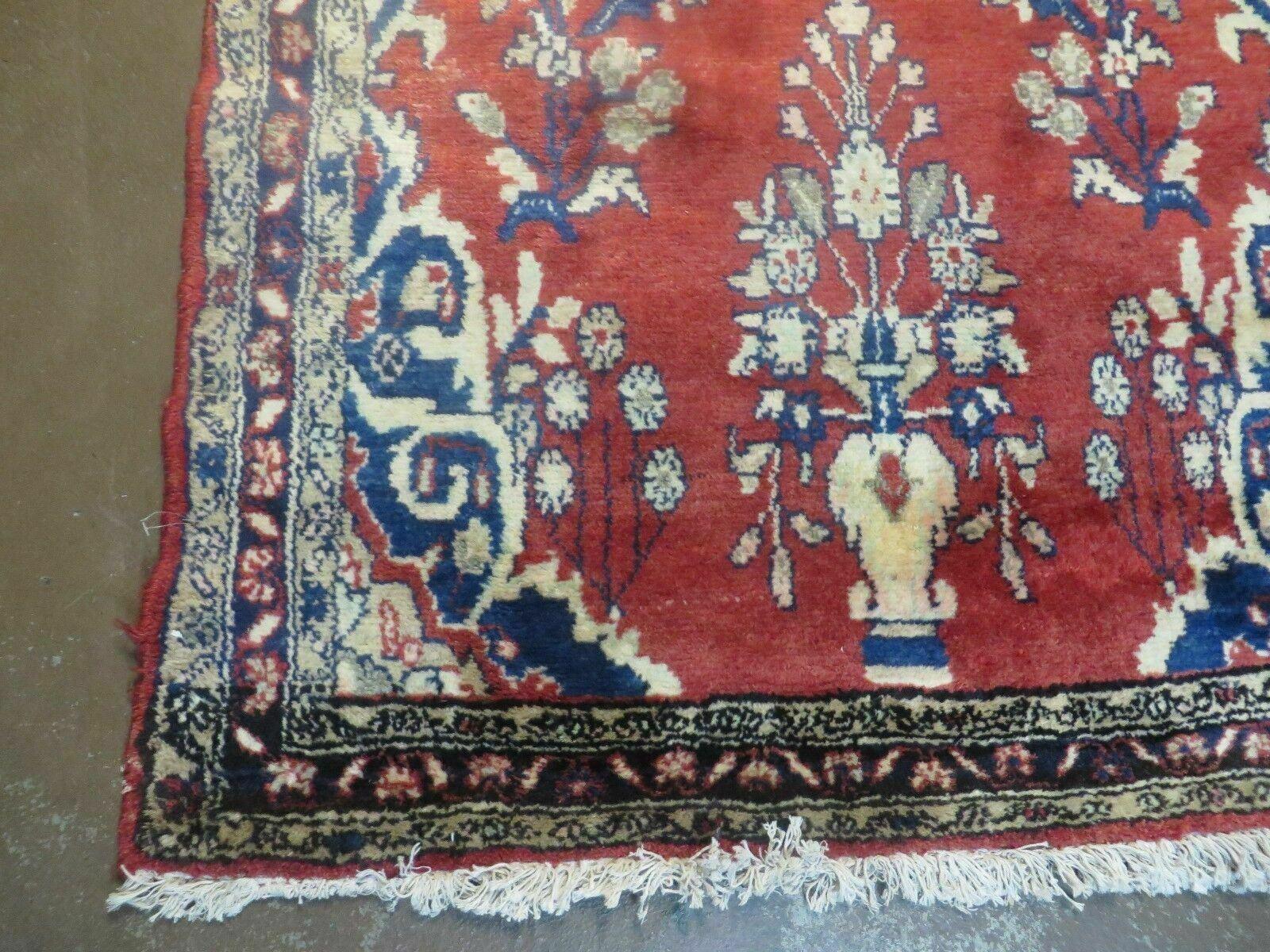 Persian Runner Rug 3 x 12, Persian Hamadan Runner, Antique Wool Oriental Tribal Runner, Floral Vases, Hand Knotted Hallway Kitchen Runner Rug, Red Navy Blue Cream - Jewel Rugs