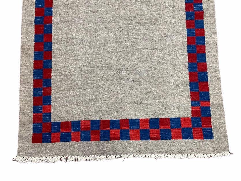 5' 7" x 7' 9" Geometric Kilim Carpet, Gray, Handmade, Hand-Knotted Area Rug, Blue & Red, Flatweave, Wool, New, Checkerboard Pattern - Jewel Rugs