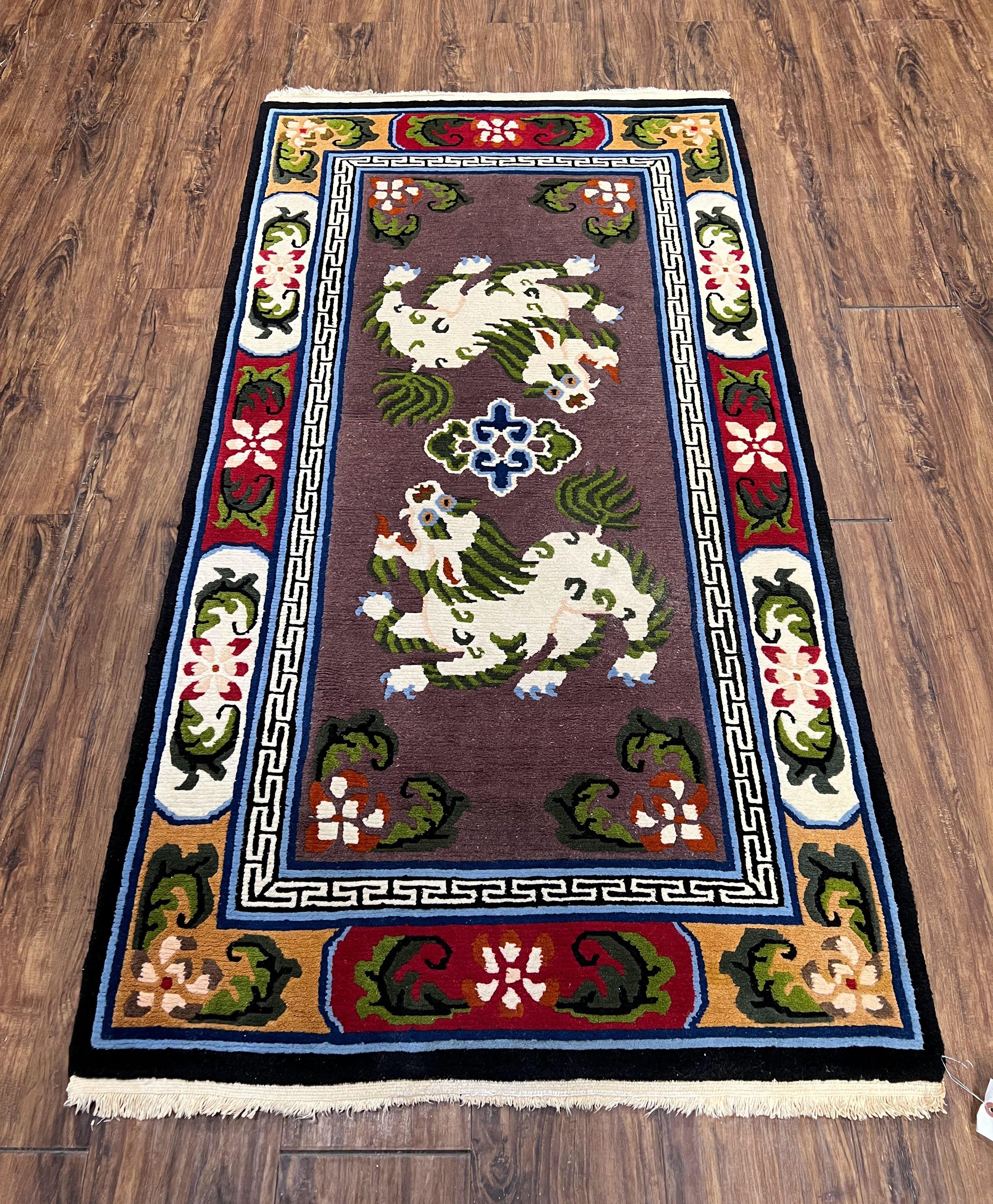 Chinese Art Deco Rug 3 x 5.5 with Animal Pictorials, Vintage Chinese Peking Wool Area Rug, Dark Puce Maroon Ivory, Hand Knotted Soft Carpet - Jewel Rugs