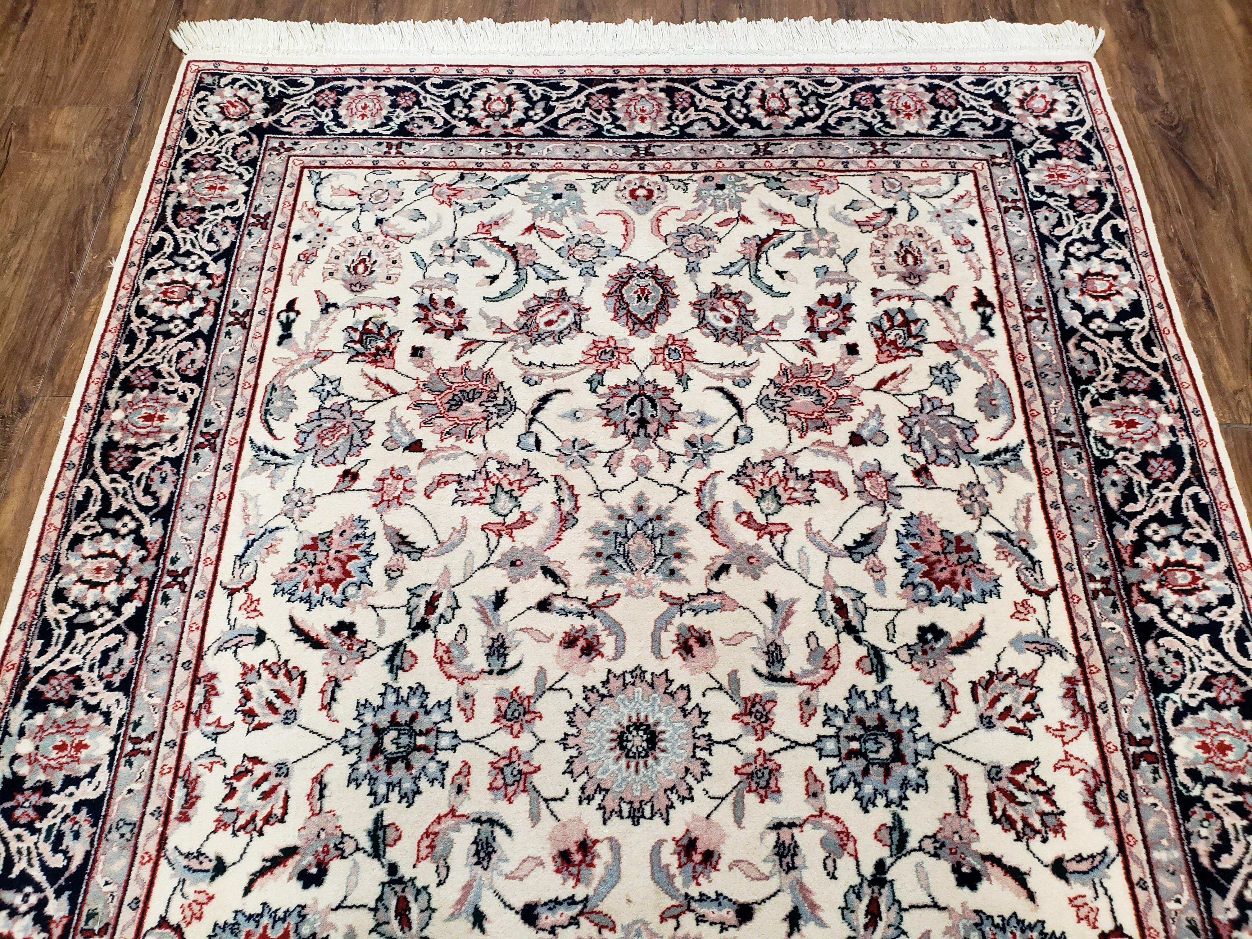 Indo Persian 4x6 ft Area Rug, Allover Floral Design, Ivory and Dark Blue, Curvilinear Pattern, Traditional Rug, Indian Wool Handmade Rug - Jewel Rugs