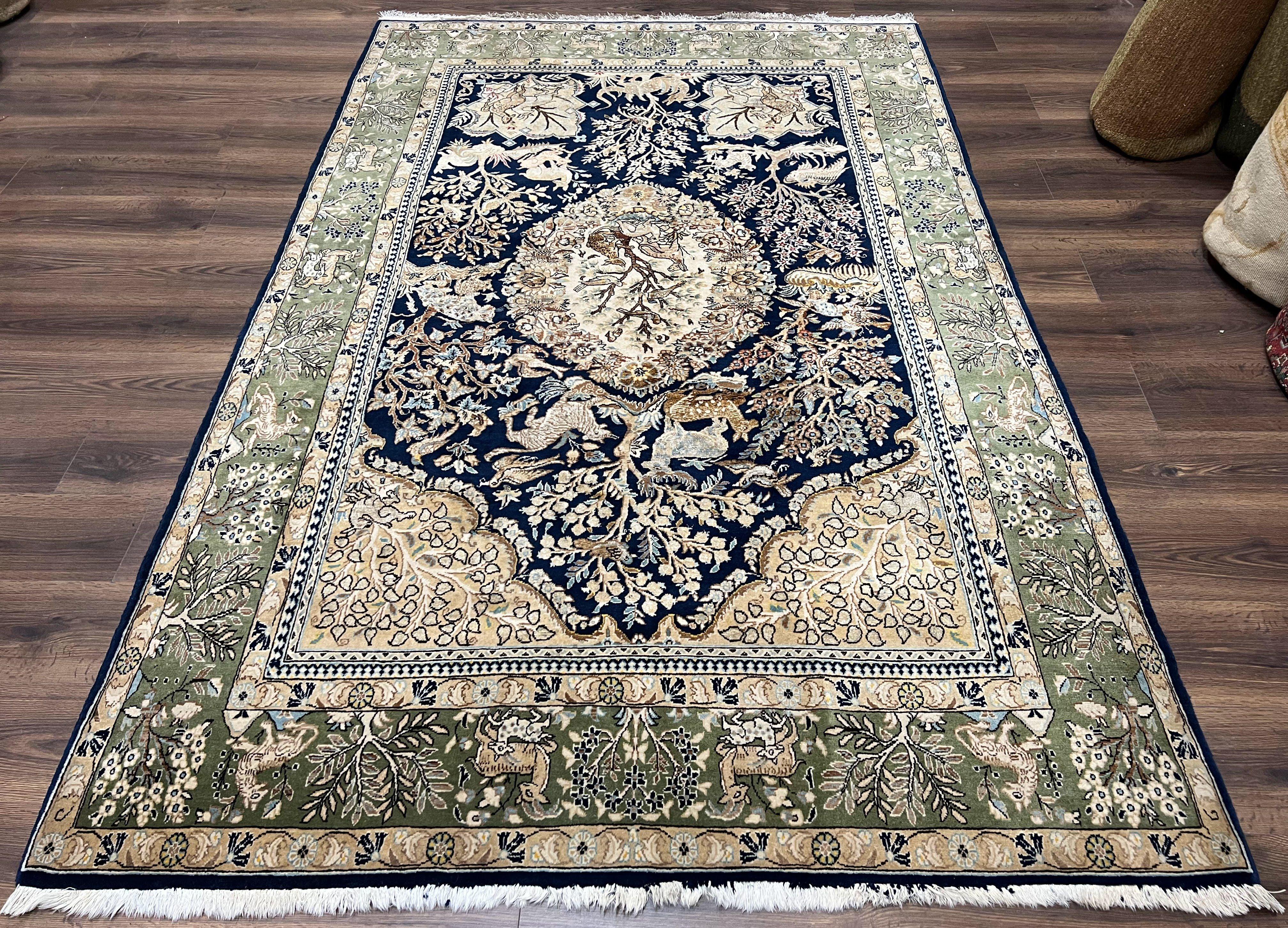 Wonderful Persian Qum Rug 6x9, Animal Pictorials, Tree of Life, Deer Birds, Hand Knotted Oriental Ghom Carpet, Semi Antique Vintage, Navy Blue Green - Jewel Rugs