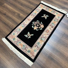 Small Chinese Wool Rug 2.6 x 4.7, Black Asian Oriental Rug, Floral Vases Vintage 1960s Handmade Carpet, 3x5 Art Deco Rug, 90 Line Rug - Jewel Rugs