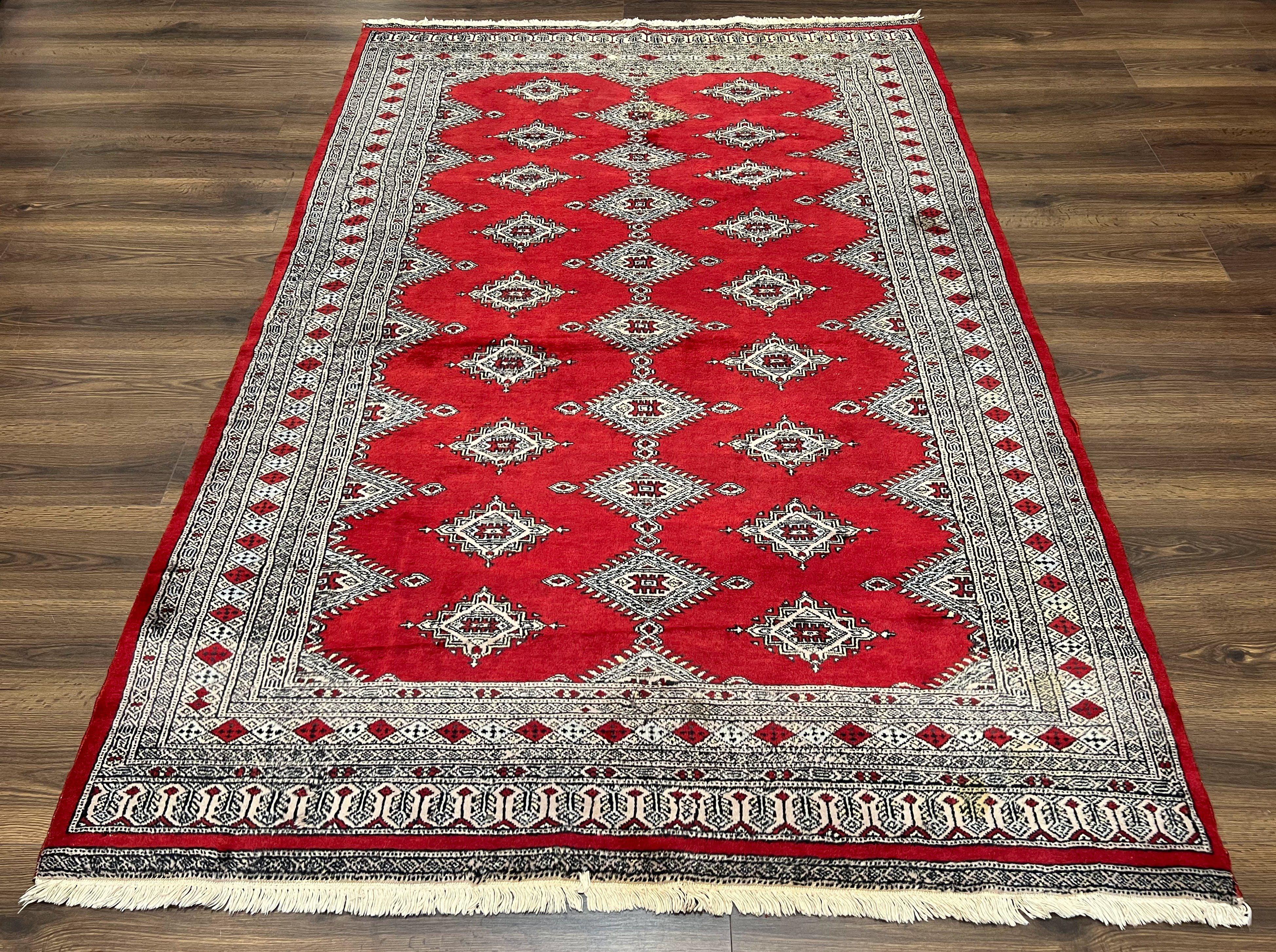 Pakistani Turkoman Rug 5x8, Turkmen Bokhara Carpet 5 x 8 ft, Red and Black, Vintage Hand Knotted Wool Area Rug, Medium Size, Bukhara Rug - Jewel Rugs