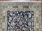 Semi Antique Persian Qum Tree of Life Rug, Hand-Knotted, Wool, Midnight Blue and Tan, Animal Pictorials, Written Poem in Borders, 4' 8" x 7' 8" - Jewel Rugs