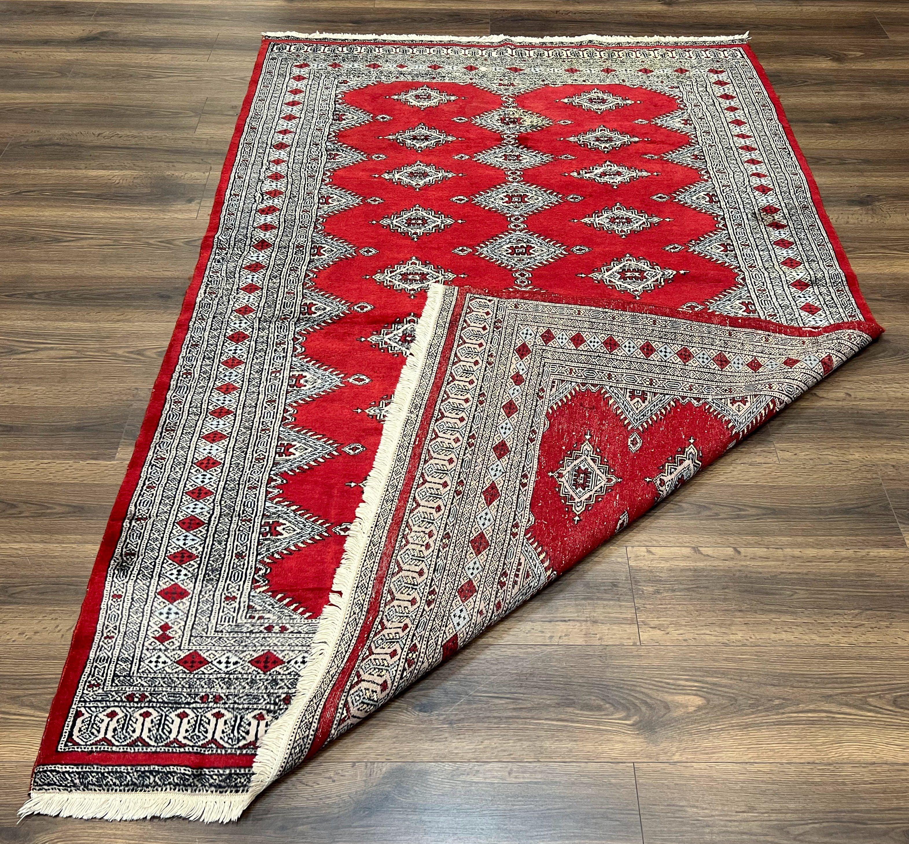 Pakistani Turkoman Rug 5x8, Turkmen Bokhara Carpet 5 x 8 ft, Red and Black, Vintage Hand Knotted Wool Area Rug, Medium Size, Bukhara Rug - Jewel Rugs