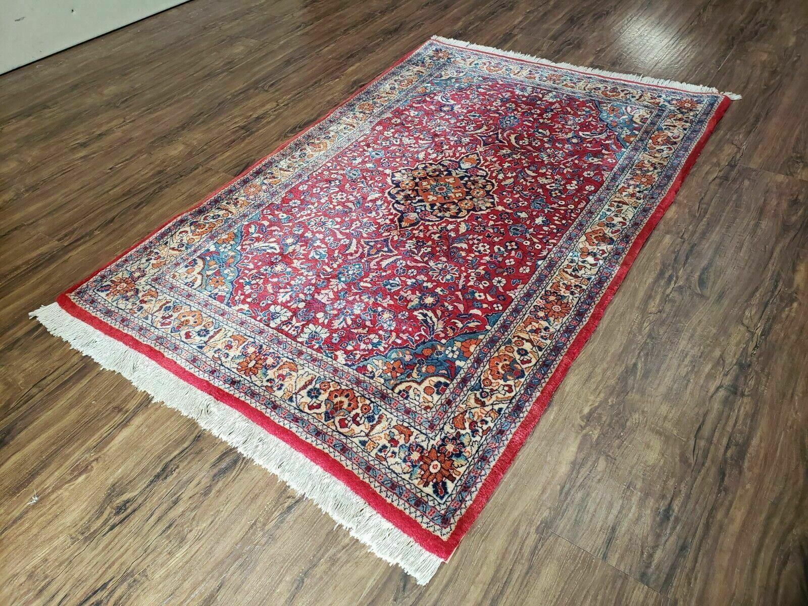 3' 6" X 5' 5" Handmade Knotted India Floral Wool Rug Hand Knotted Carpet Red - Jewel Rugs