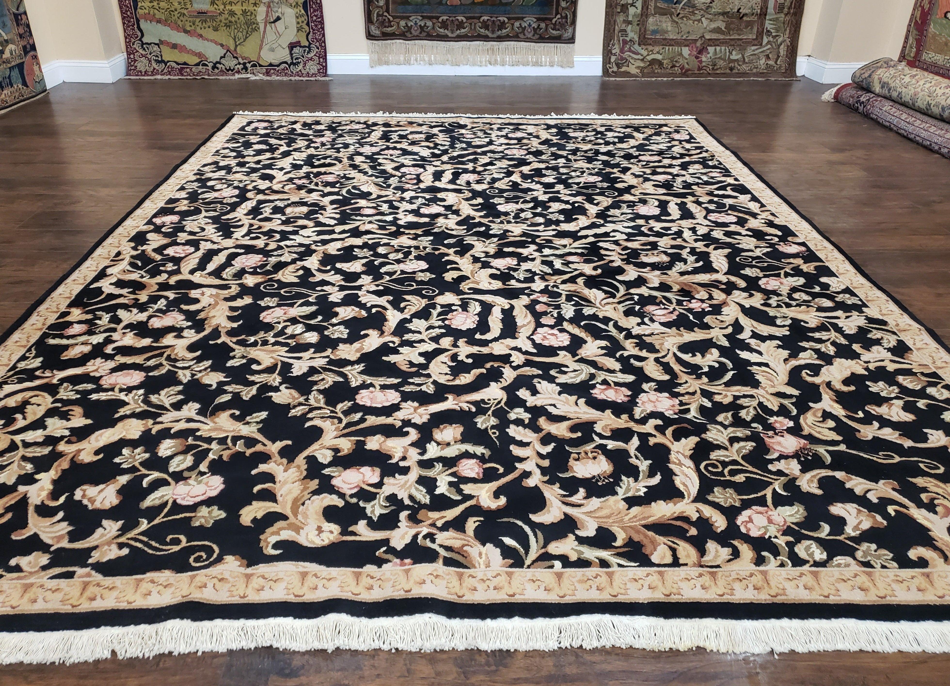 Chinese Aubusson Rug 8.8 x 11, Black Cream Gold, Allover Floral Pattern, Vintage Wool Pile Rug, Traditional European Design, Handmade Carpet - Jewel Rugs