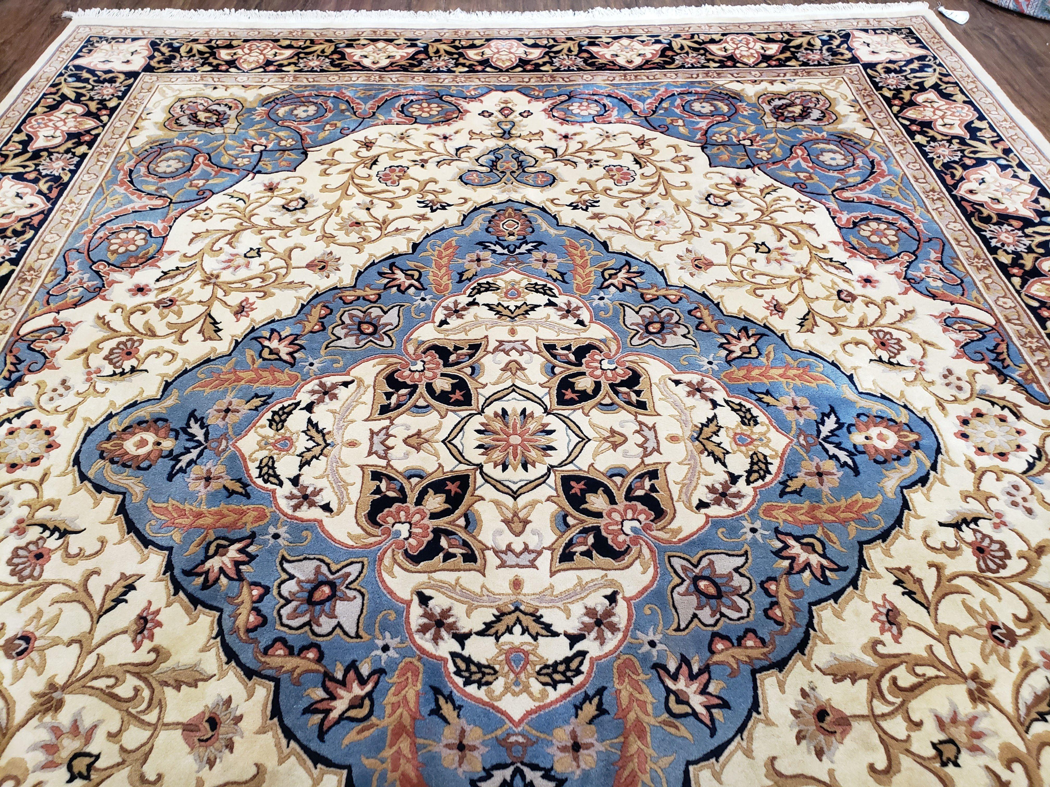 Chinese Oriental Rug 8x10, Room Sized Handmade Wool Area Rug, Cream and Blue Carpet for Living Room, Dining Room, Bedroom, Traditional Rug - Jewel Rugs