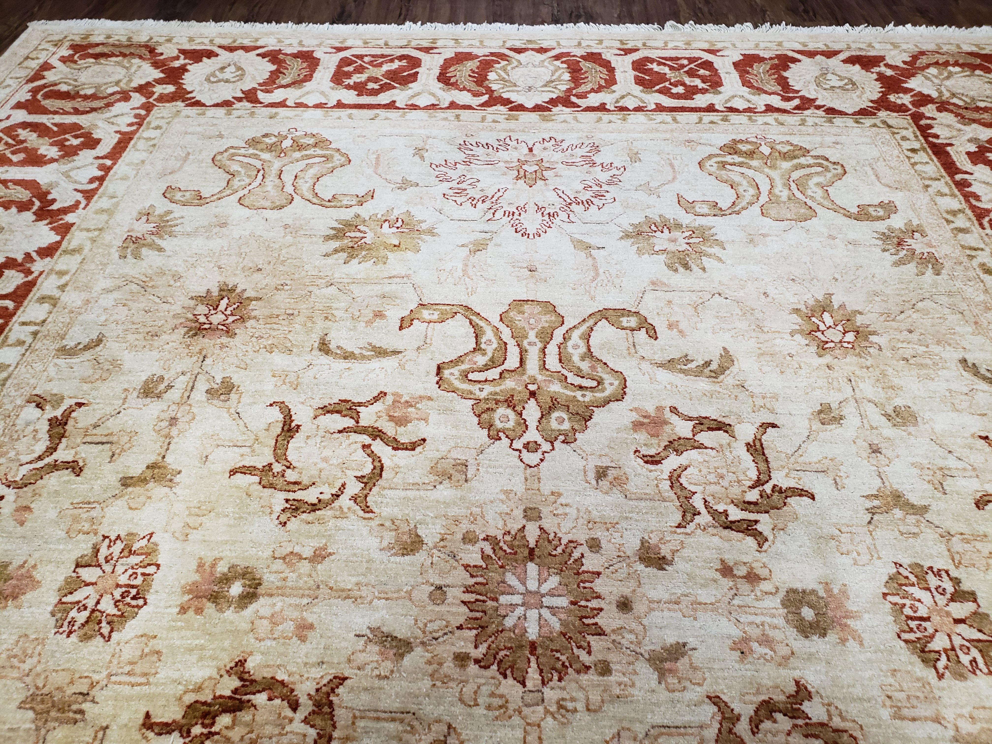 9' X 11' Handmade Beige and Red Floral Mahal Wool Rug - Jewel Rugs