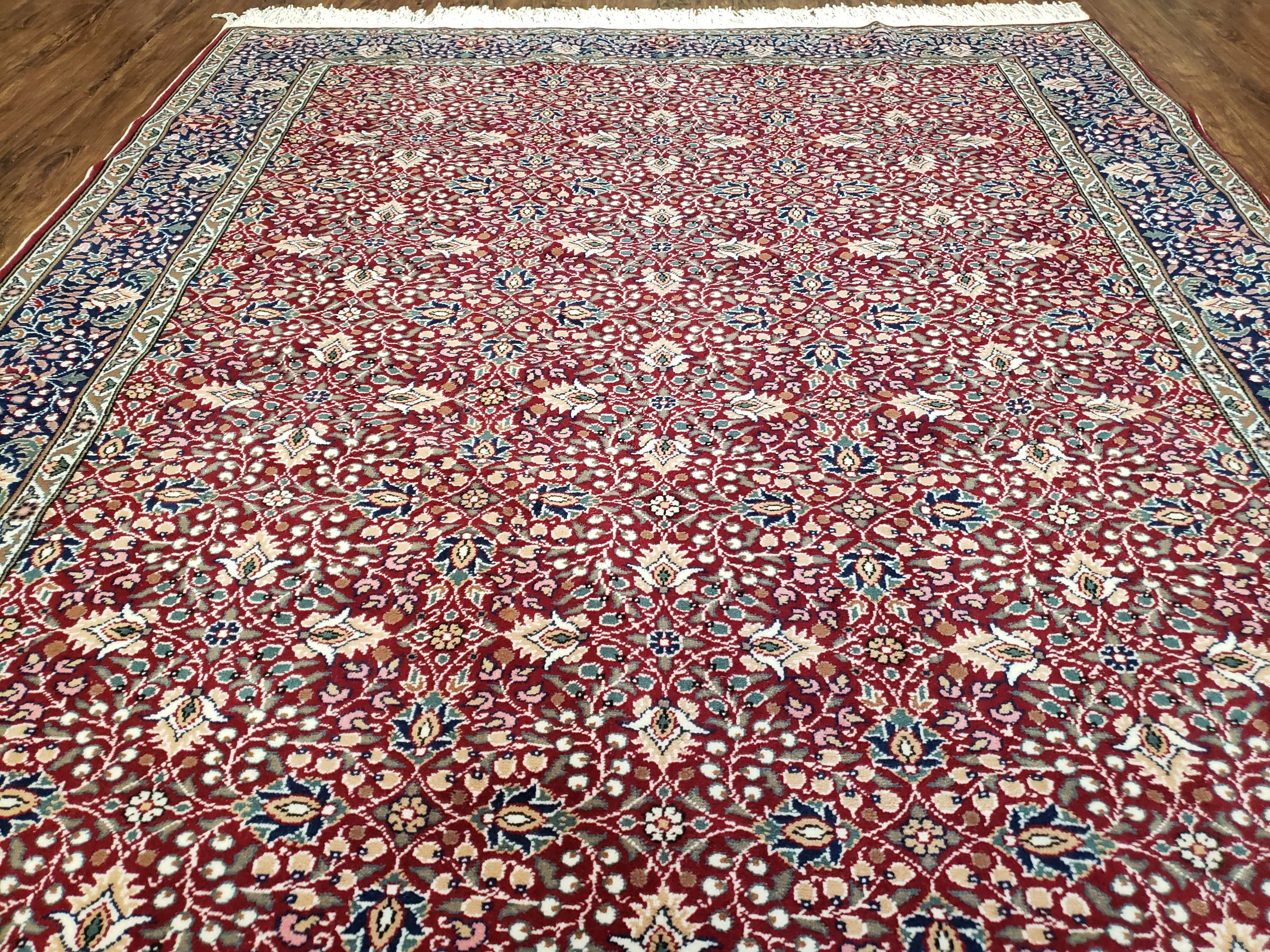 Vintage Turkish Sivas Area Rug 6.5 x 9.5, Wool Hand-Knotted Red & Midnight Blue Allover Floral Pattern Oriental Carpet, 6x9 Traditional Rug - Jewel Rugs