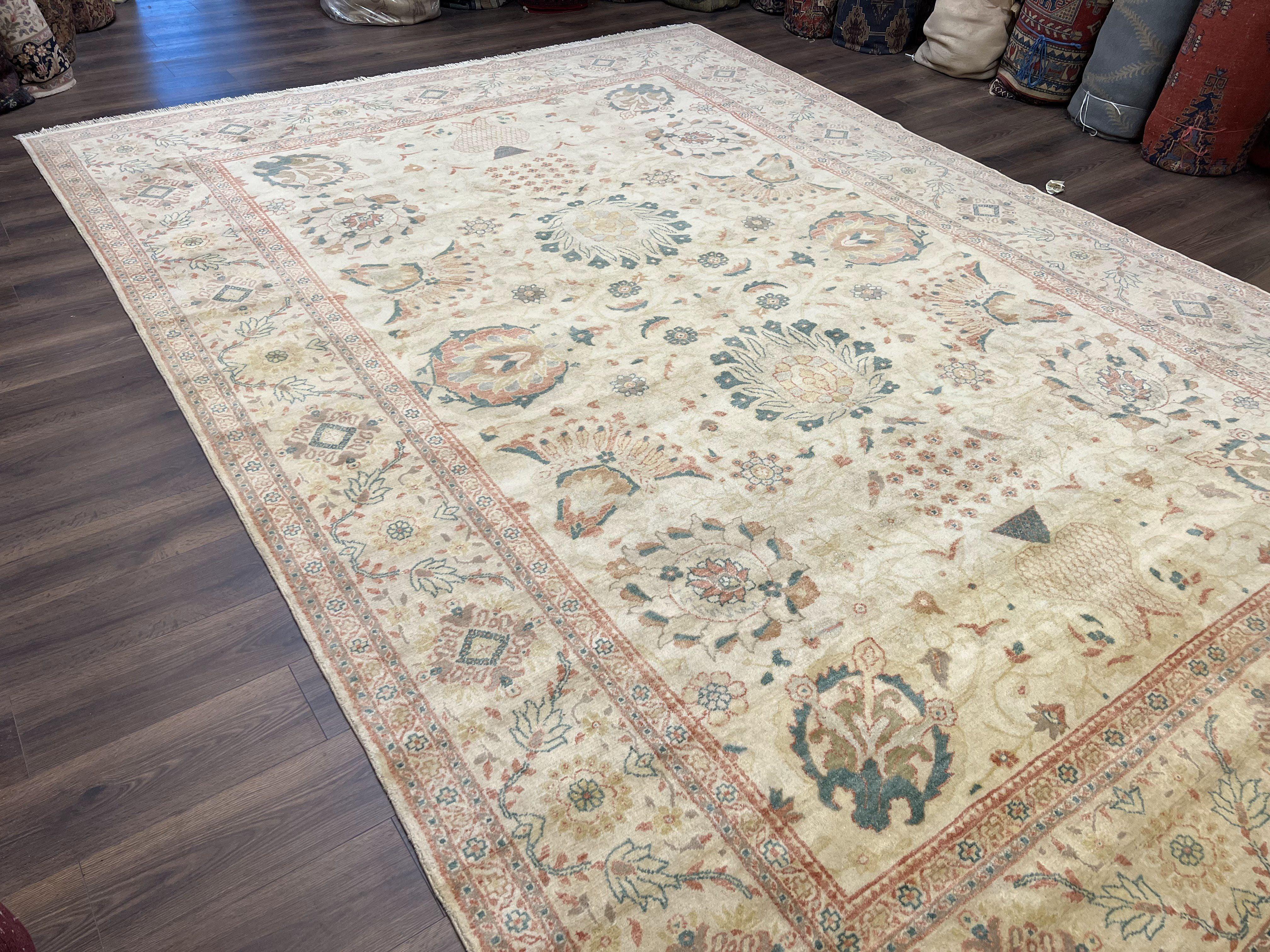 Large Turkish Rug 10x14, Mahal Sultanabad Oriental Carpet 10 x 14 ft, Silver-Beige, Large Floral Hand Knotted Vintage Wool Rug, Very Fine - Jewel Rugs