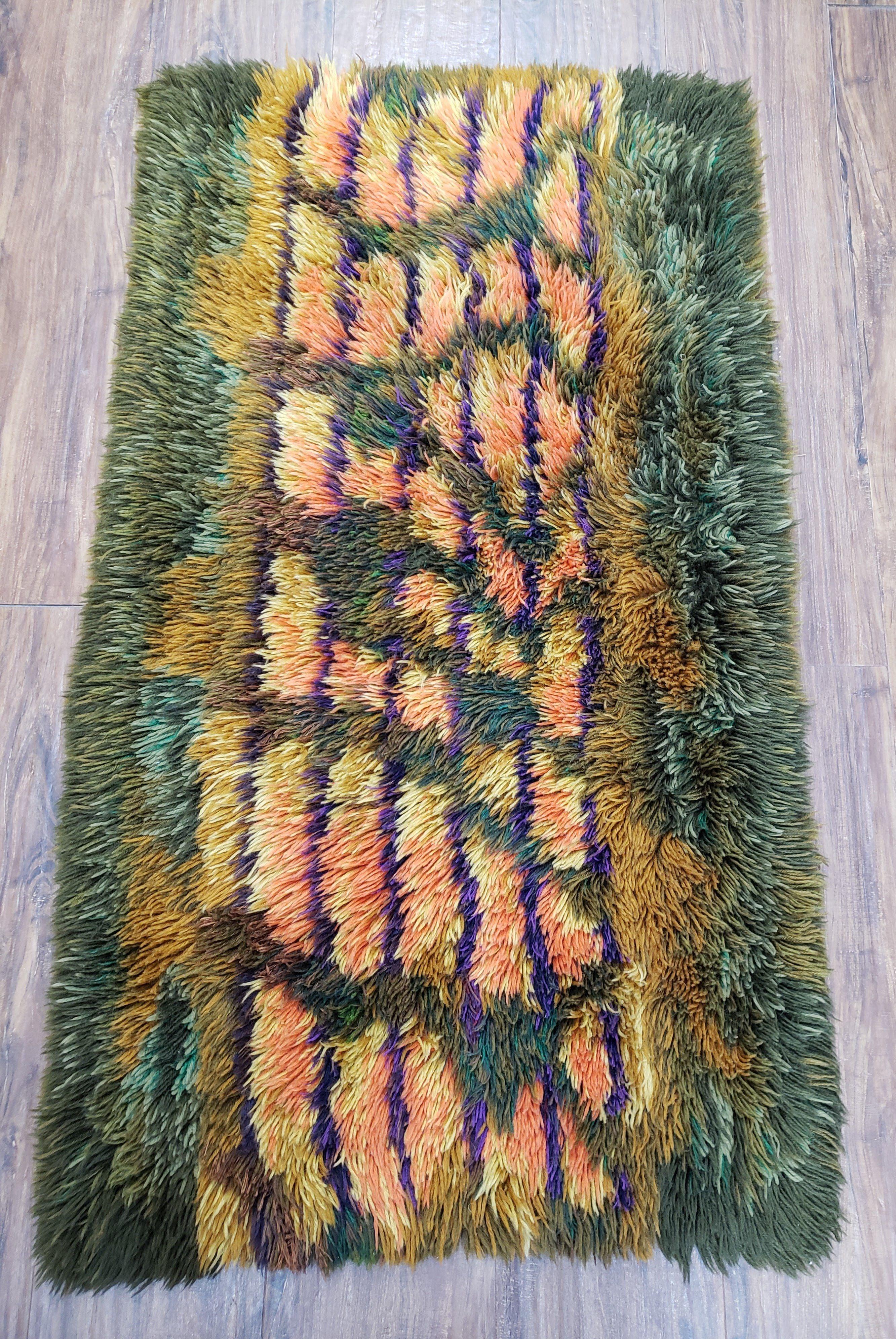 1960s Ege Rya Shag Rug 2x4, Green Rya Carpet, Mid-Century Vintage Shag Rug, 2 x 4 Soft High Pile Accent Rug, Modern Danish Shag Rug - Jewel Rugs