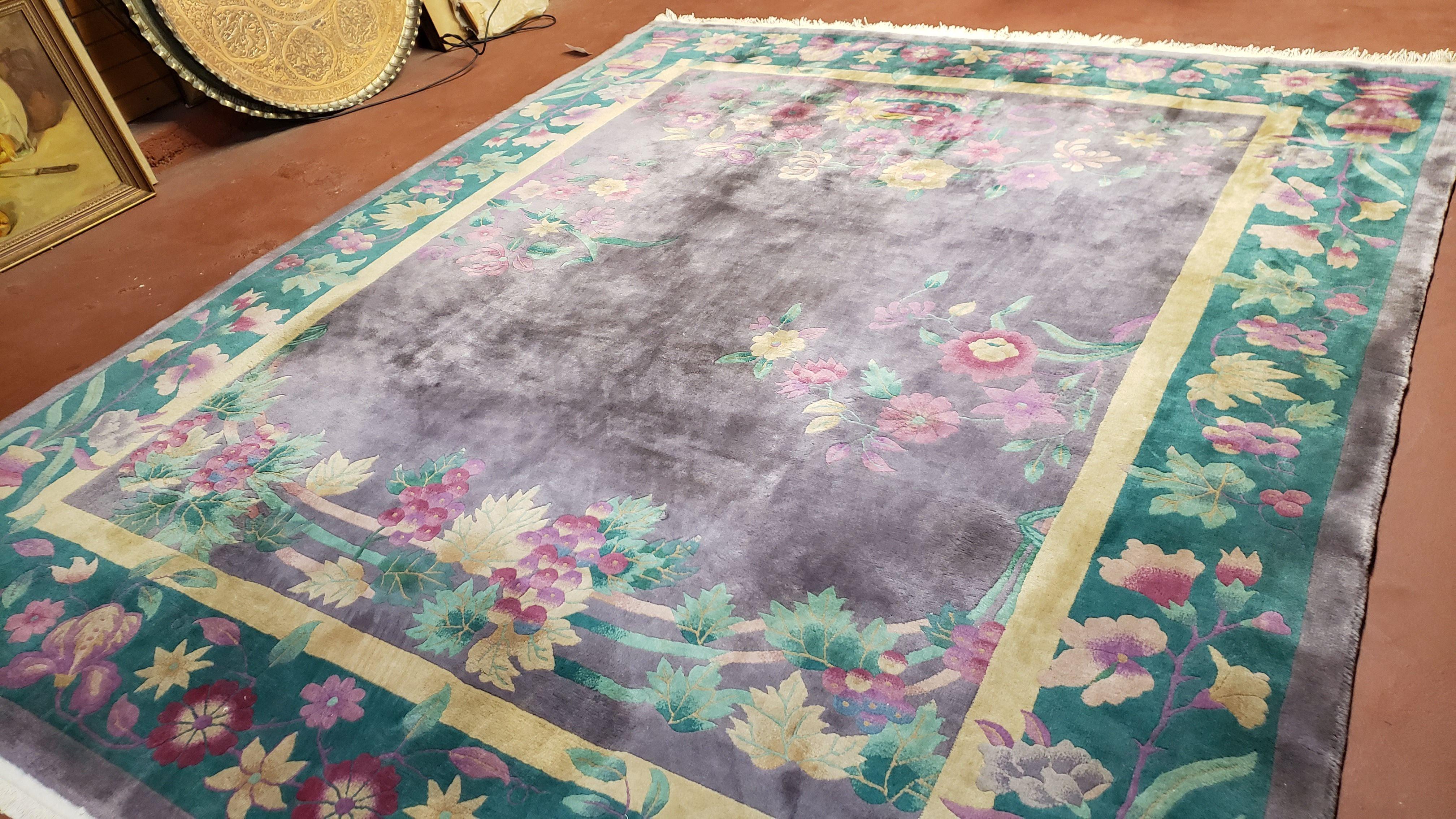 Antique Chinese Art Deco Carpet, Rare 1920s Large Art Deco Rug, Light Eggplant Purple Color, Hand-Knotted Wool Area Rug, 7' 8" x 9' 4" - Jewel Rugs