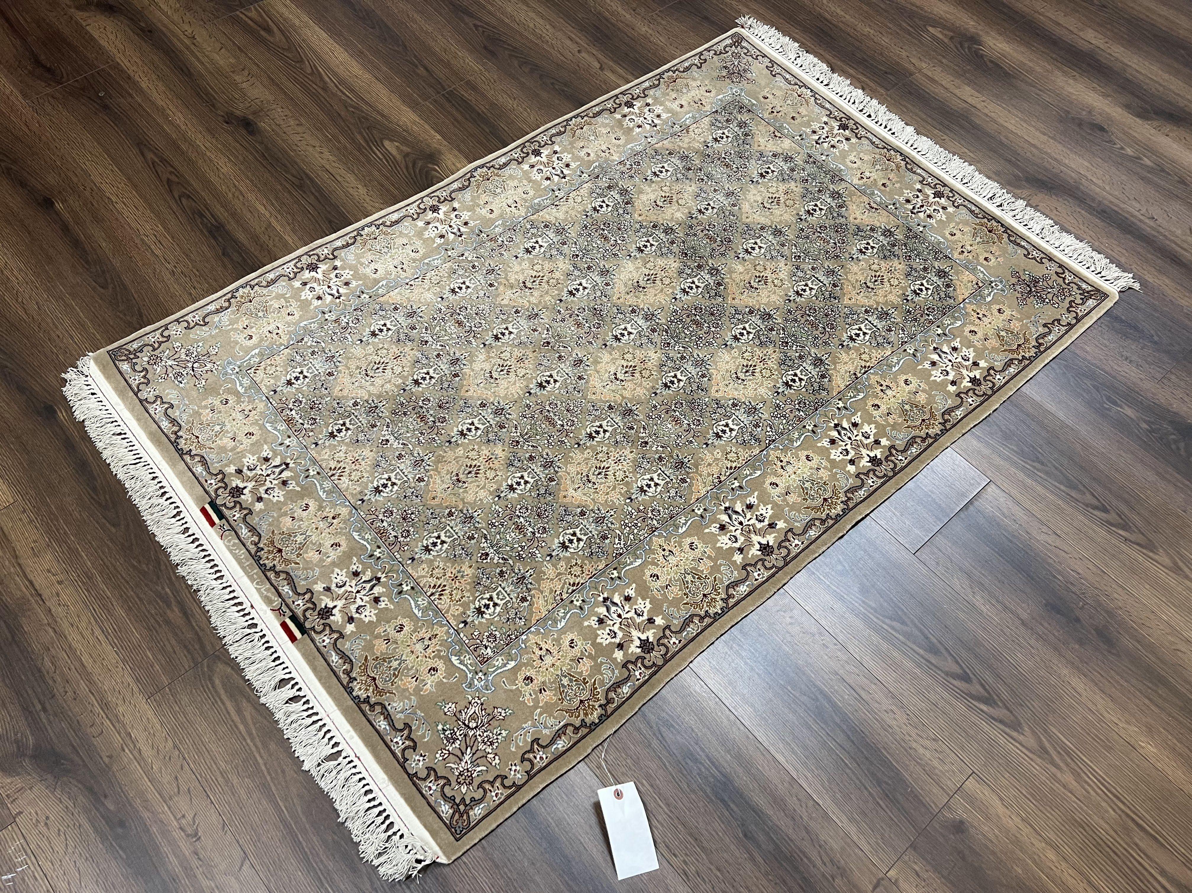 Super Fine Persian Isfahan Rug 3x5 ft, Kork Wool on Silk Foundation, Repeated Floral Motif, Taupe Tan Hand Knotted Oriental Carpet 3 x 5 ft, Signed - Jewel Rugs