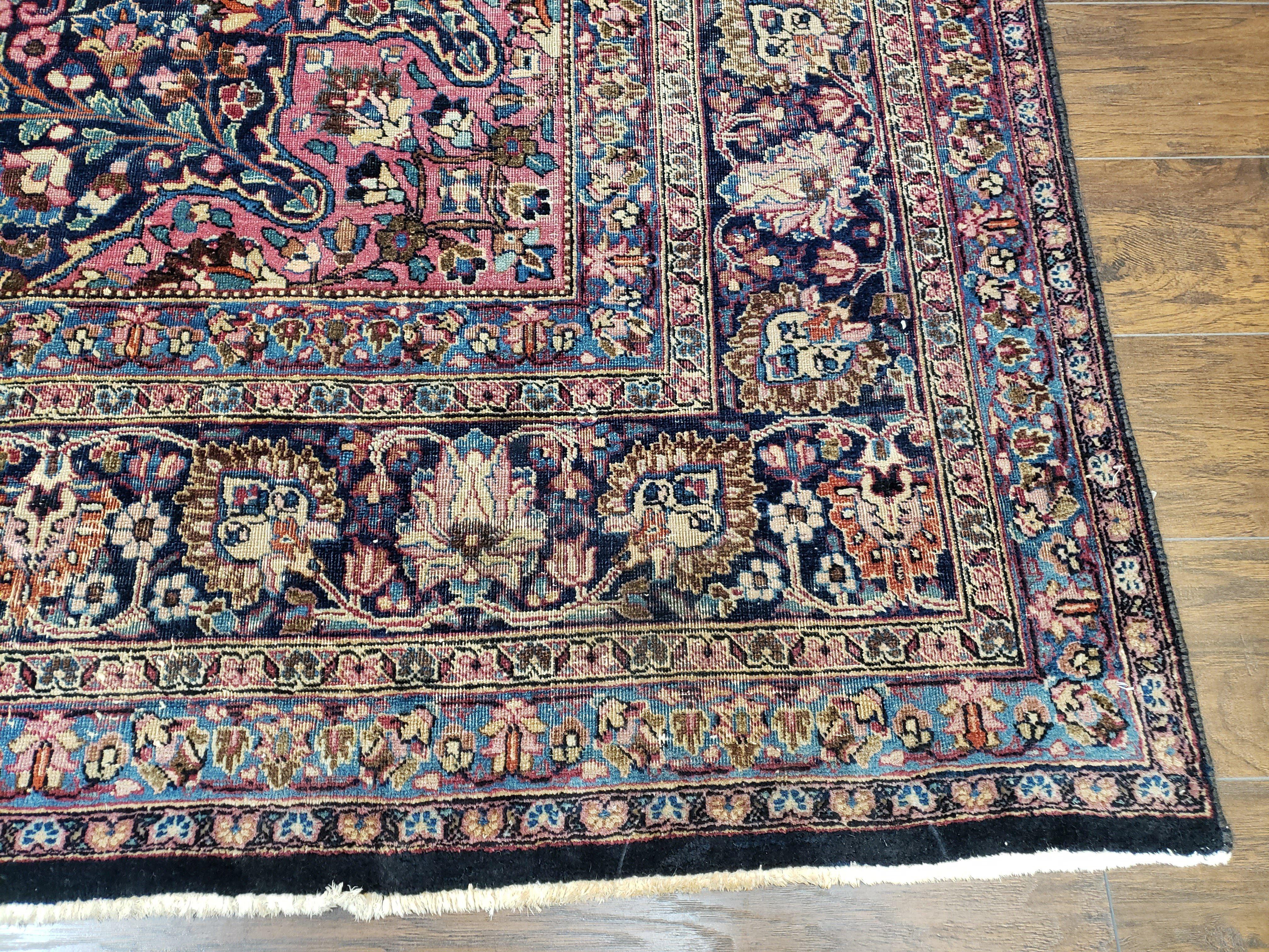 Antique Persian Mashad Rug, Palace Size, Hand-Knotted, Wool, Allover Floral with Medallion, Ruby Red and Dark Blue, 11' x 15' - Jewel Rugs